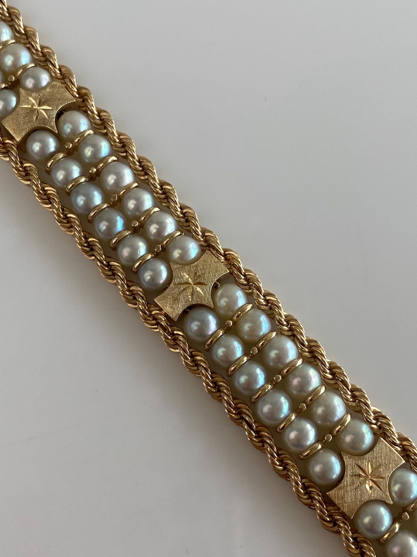 Vintage Solid 14k Yellow Gold Pearls Diamond Cut Link Rope Chain Bracelet - 7 inches