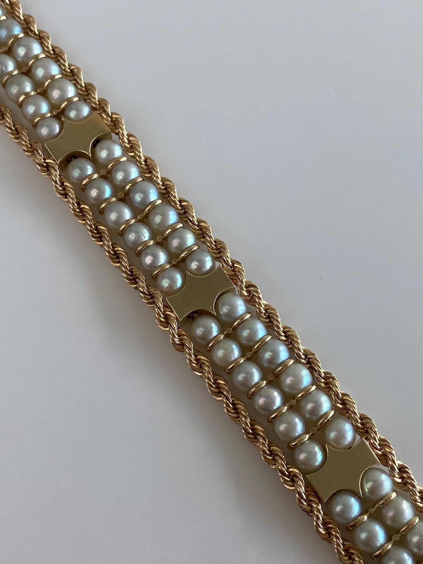 Vintage Solid 14k Yellow Gold Pearls Diamond Cut Link Rope Chain Bracelet - 7 inches