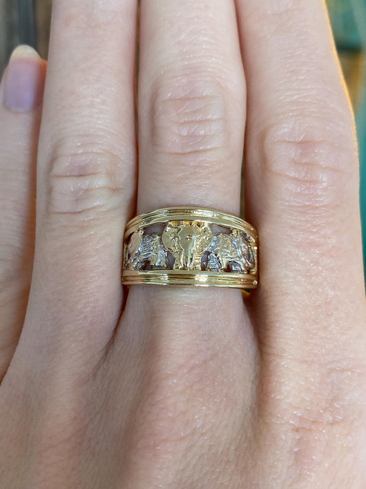 Vintage Solid 14k White & Yellow Gold Elephant Ring Band - Size 8.5