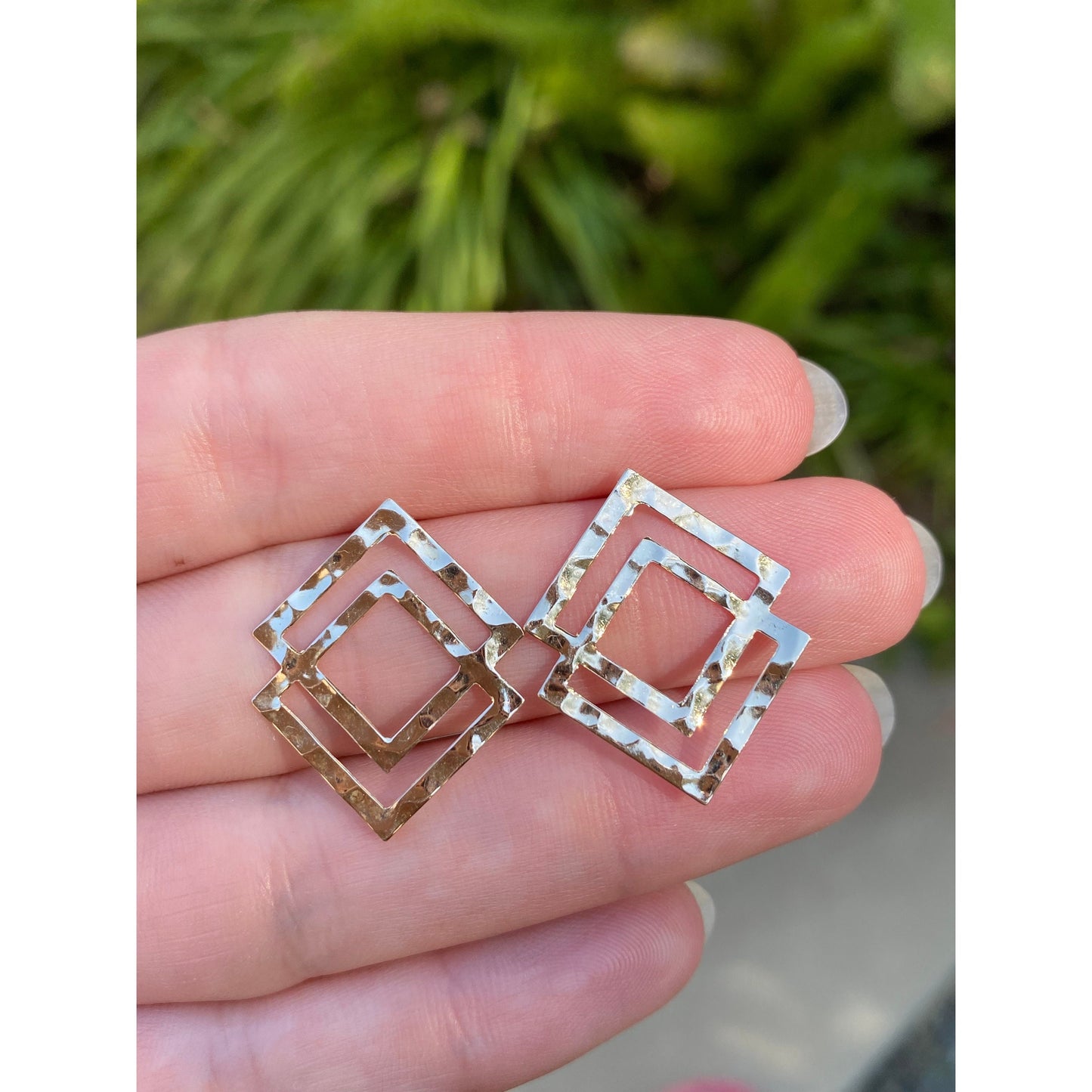 Solid 14k Yellow Gold Hammered Layered Square Stud Earrings