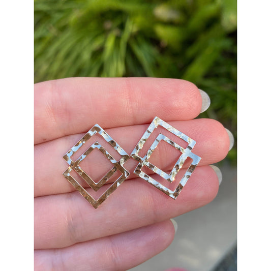 Solid 14k Yellow Gold Hammered Layered Square Stud Earrings