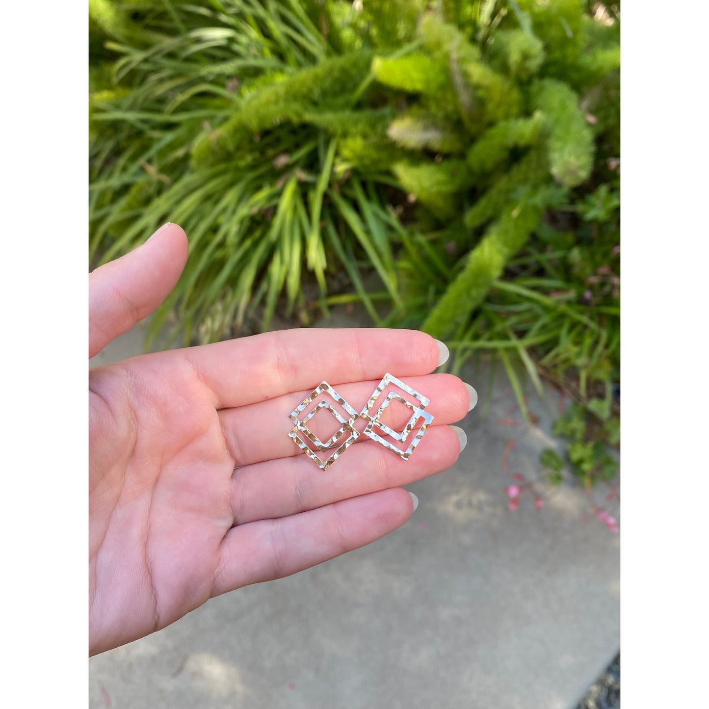 Solid 14k Yellow Gold Hammered Layered Square Stud Earrings