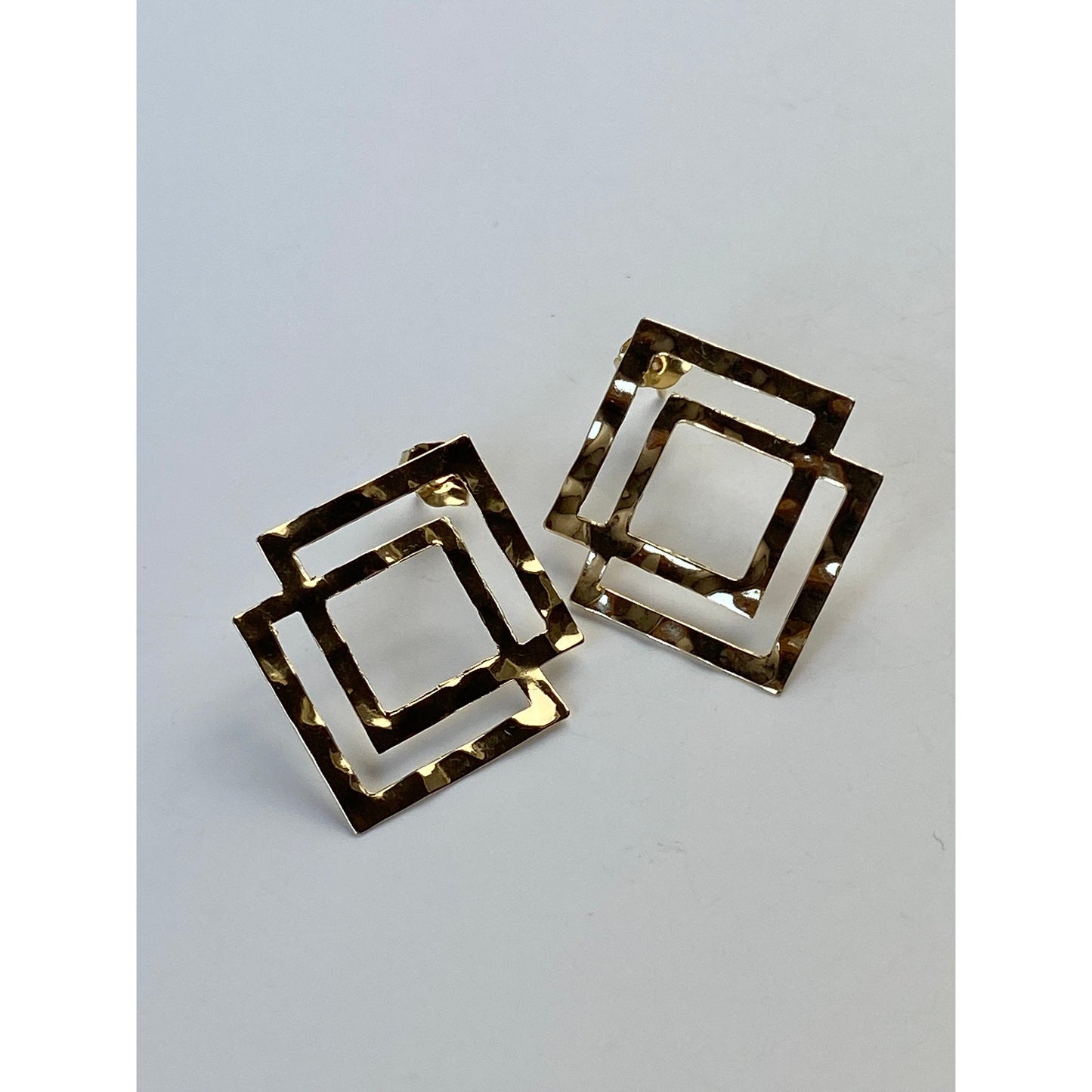 Solid 14k Yellow Gold Hammered Layered Square Stud Earrings
