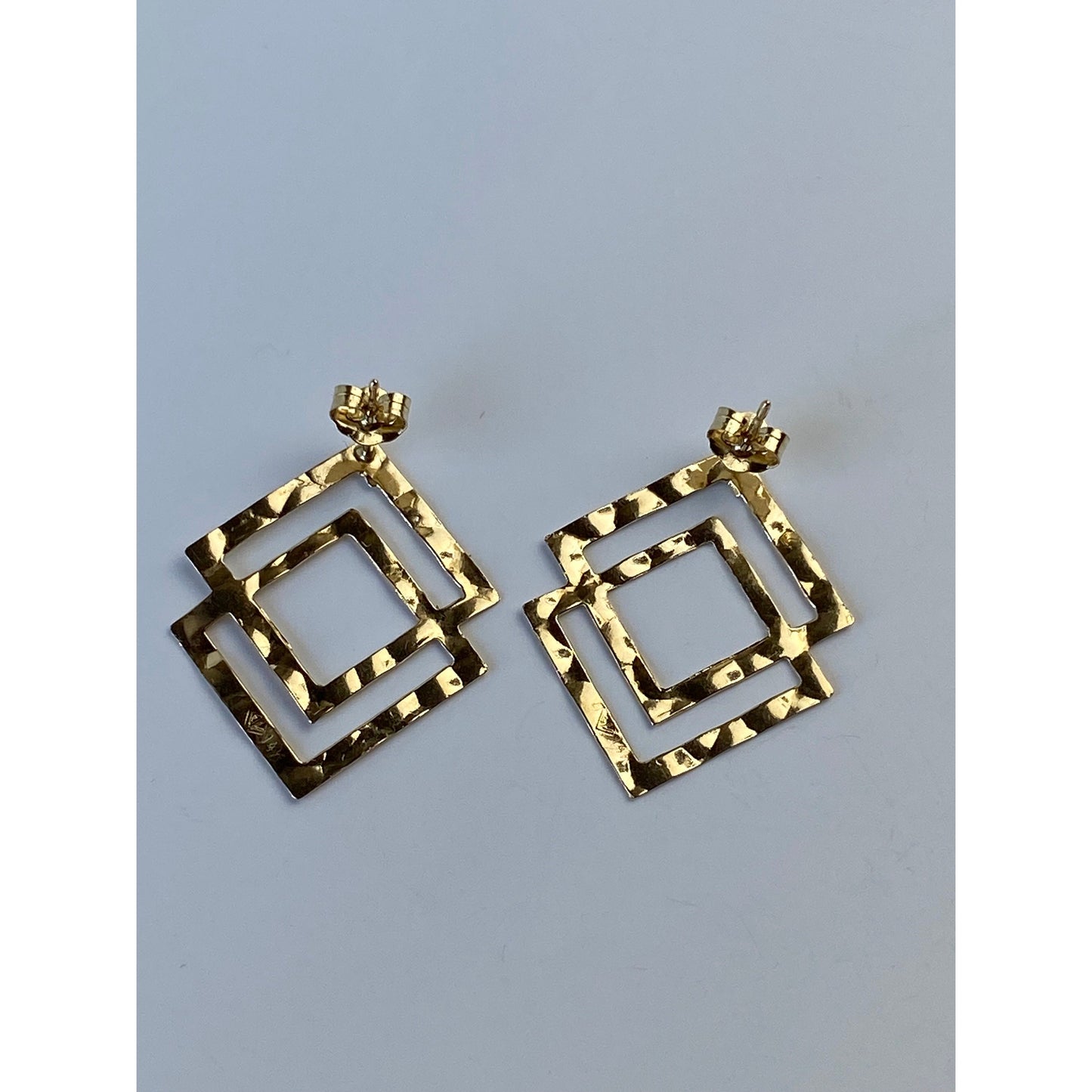Solid 14k Yellow Gold Hammered Layered Square Stud Earrings