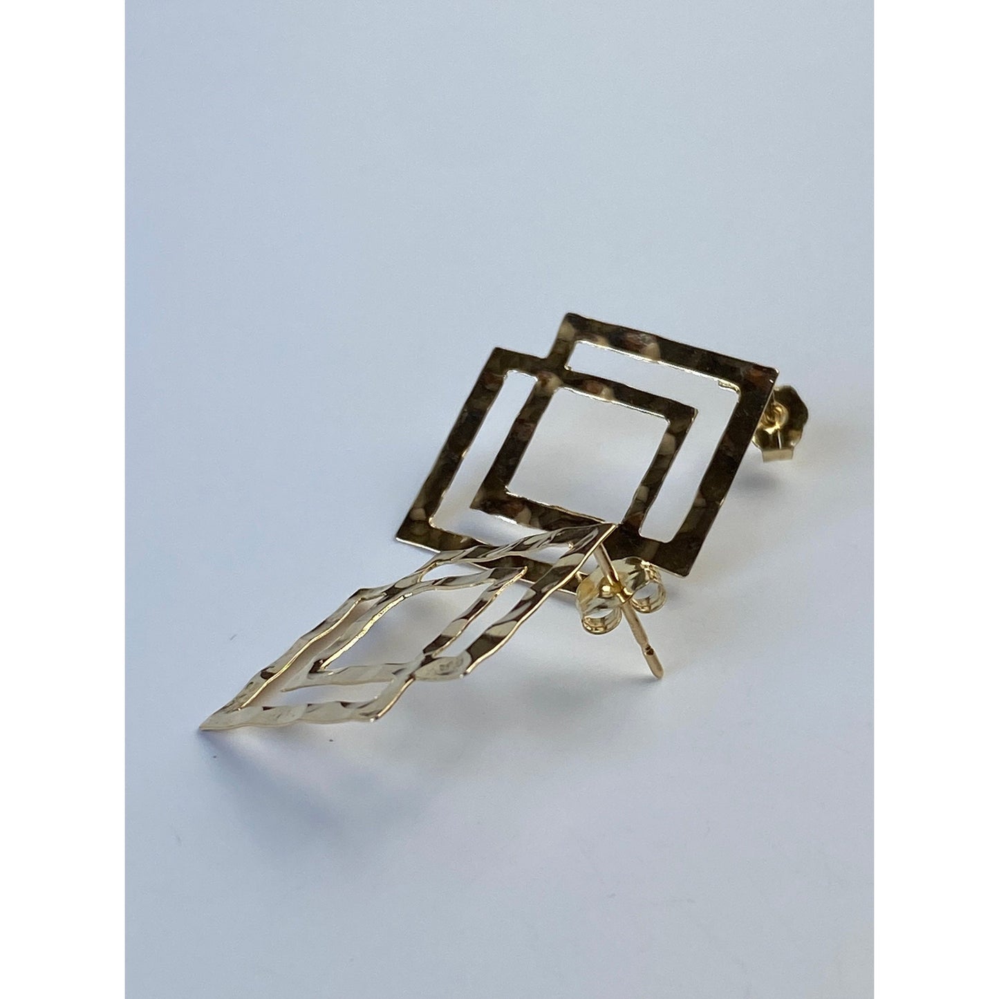 Solid 14k Yellow Gold Hammered Layered Square Stud Earrings