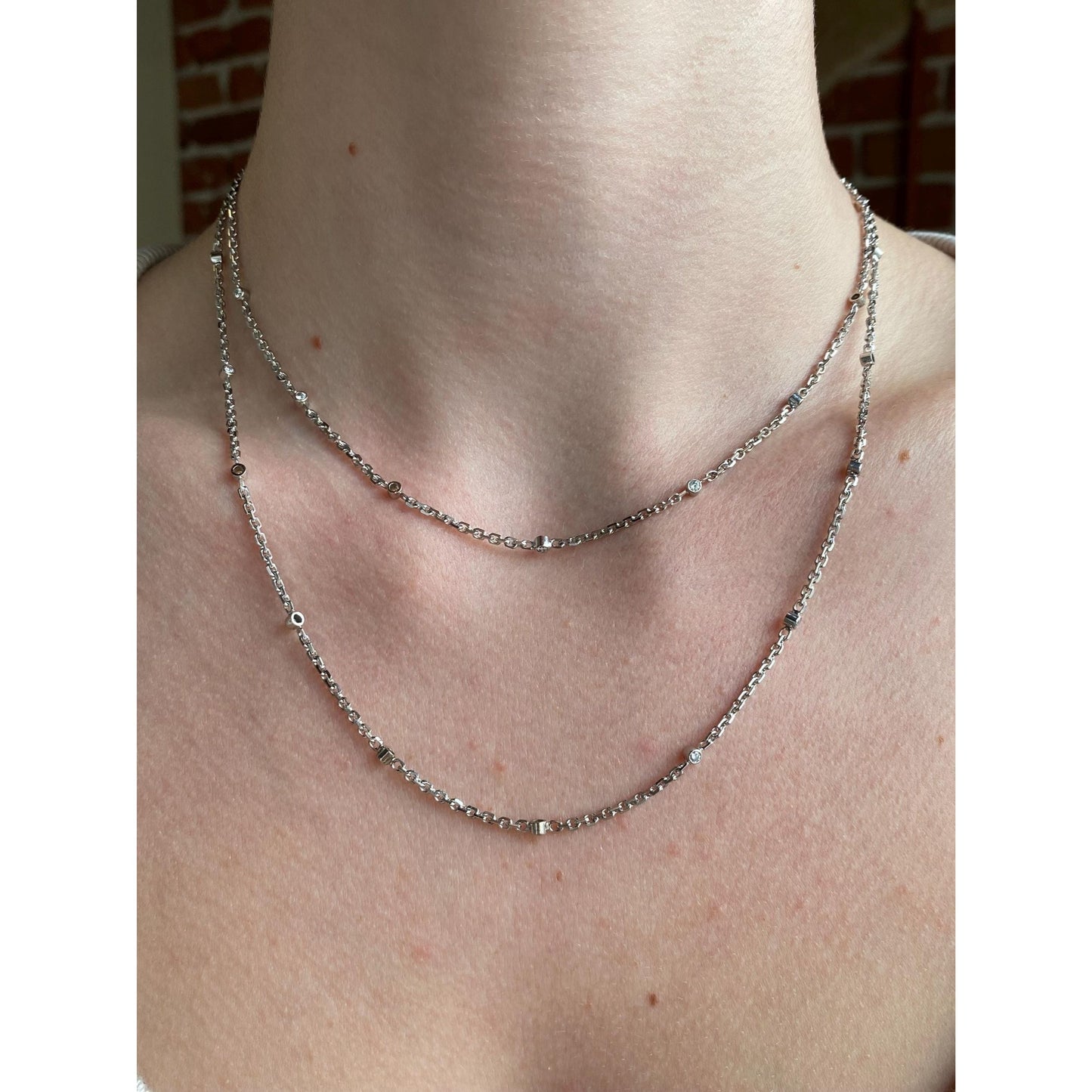 Vintage Solid 14k White Gold Long Diamond Biker Link Chain Necklace - 34.75 inches