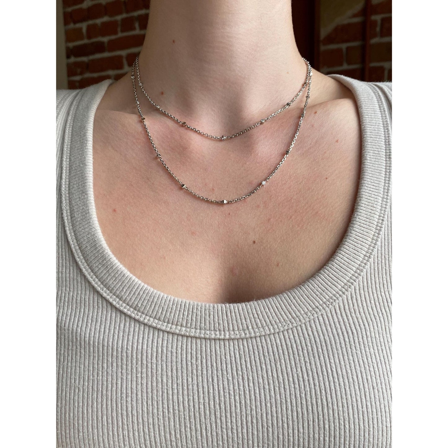 Vintage Solid 14k White Gold Long Diamond Biker Link Chain Necklace - 34.75 inches