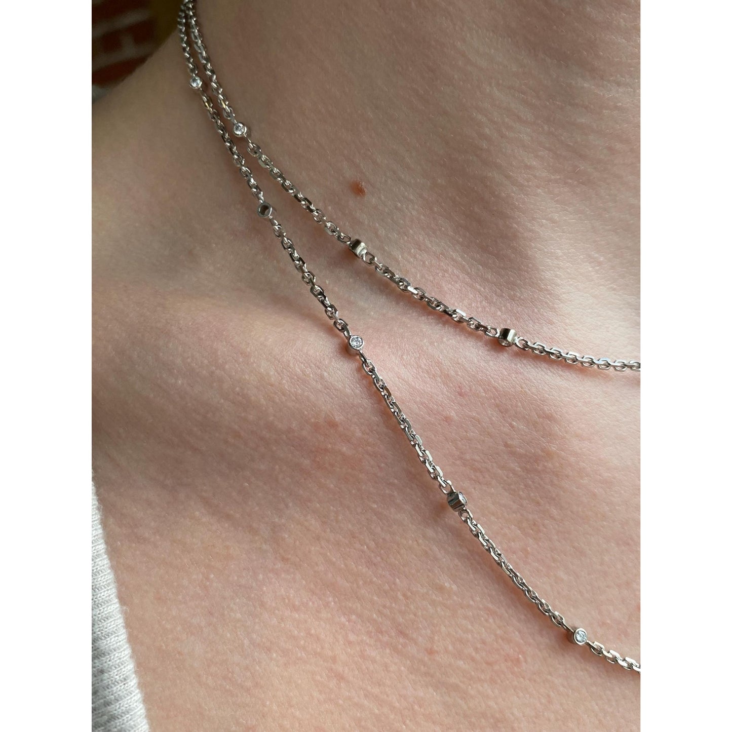 Vintage Solid 14k White Gold Long Diamond Biker Link Chain Necklace - 34.75 inches