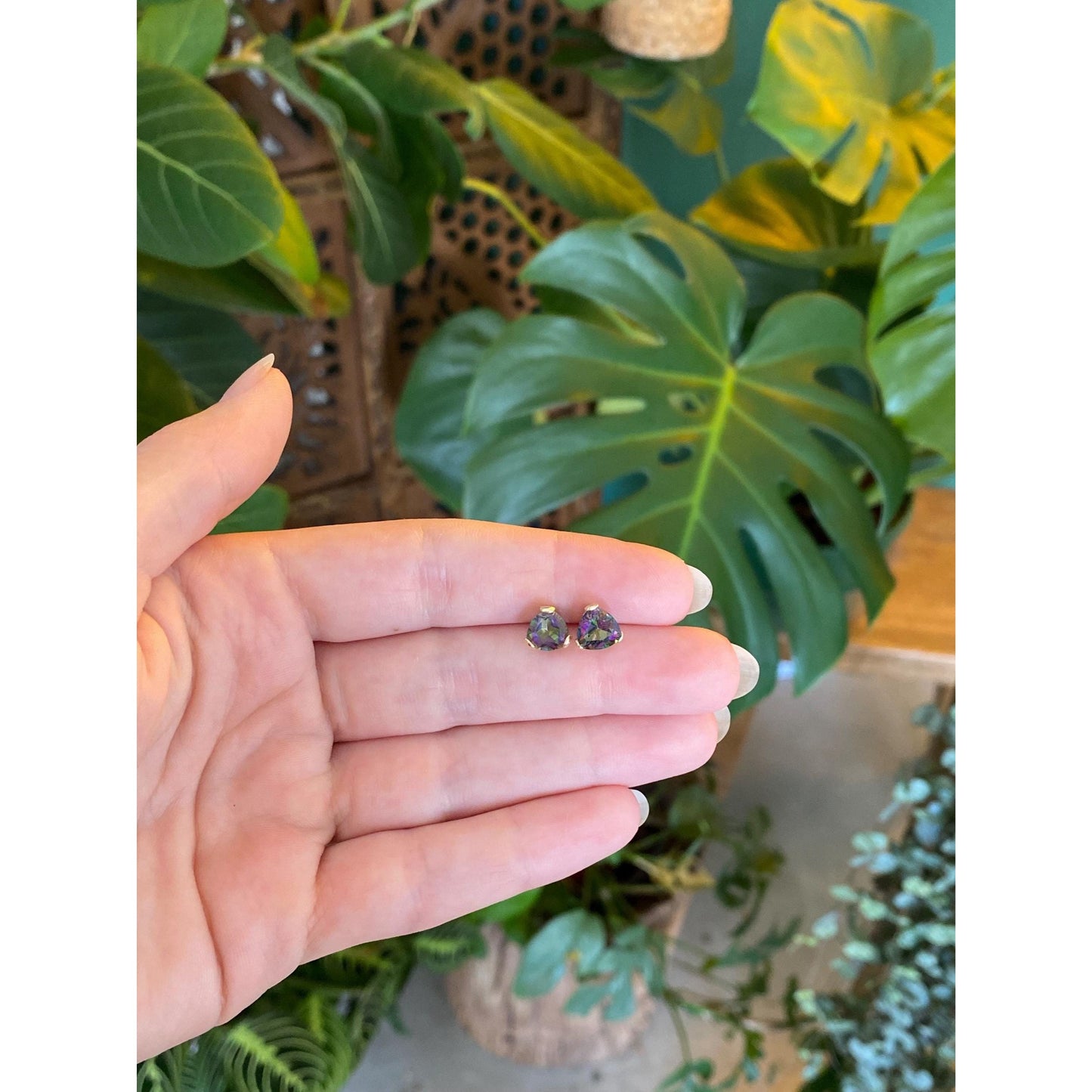 Vintage Solid 14k Yellow Gold Mystic Topaz Stud Earrings