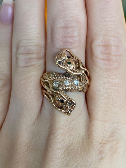 Solid 14k Rosey Gold Diamond Jade Eyes Dragon Ring - Size 7.5