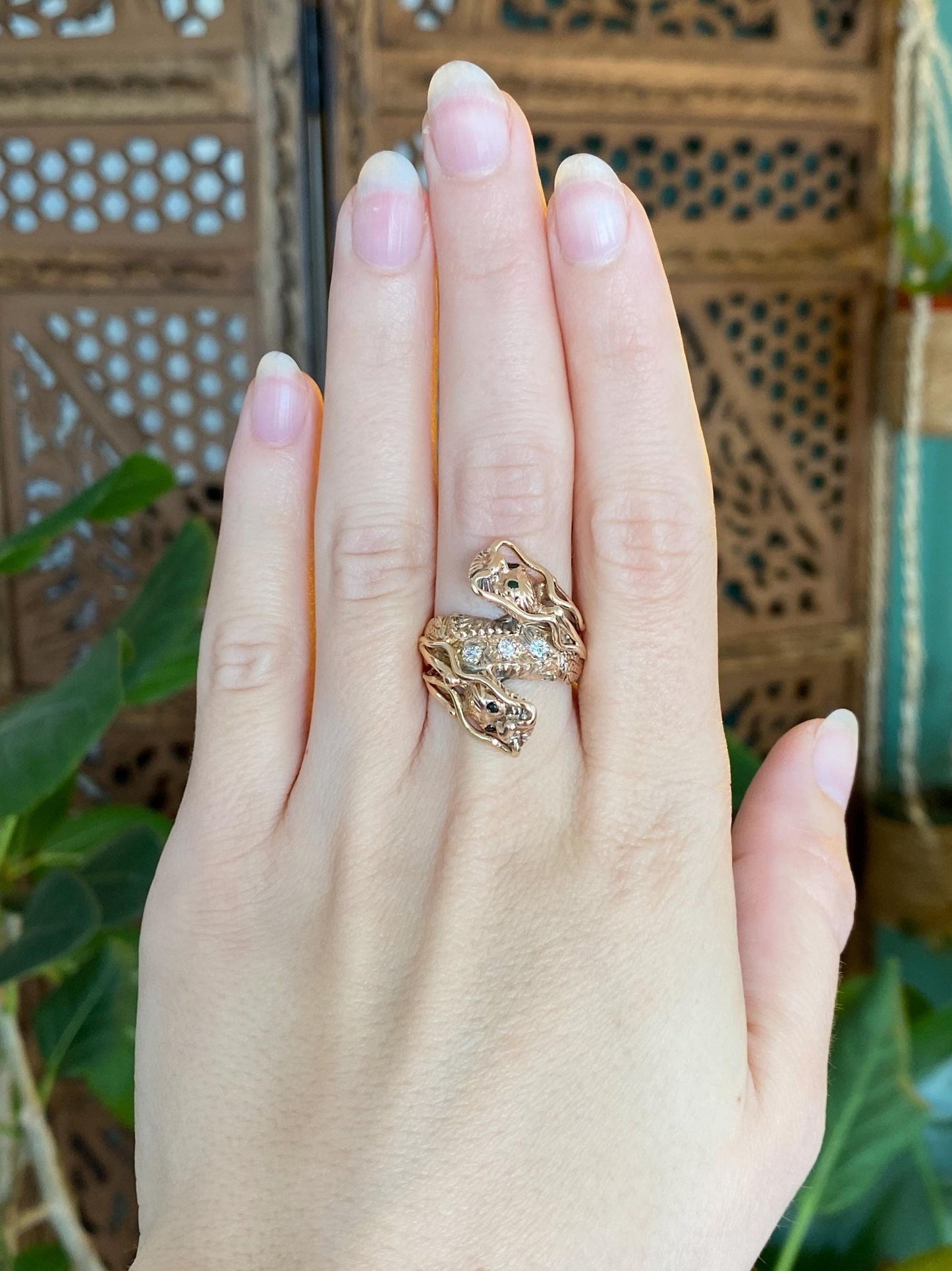 Solid 14k Rosey Gold Diamond Jade Eyes Dragon Ring - Size 7.5