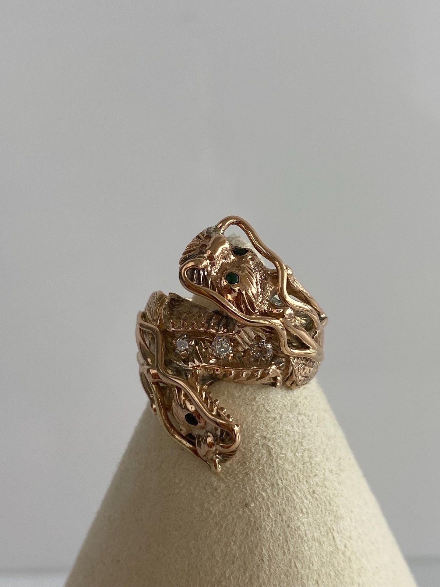 Solid 14k Rosey Gold Diamond Jade Eyes Dragon Ring - Size 7.5