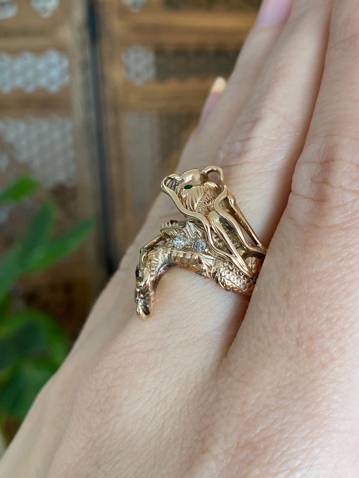 Solid 14k Rosey Gold Diamond Jade Eyes Dragon Ring - Size 7.5