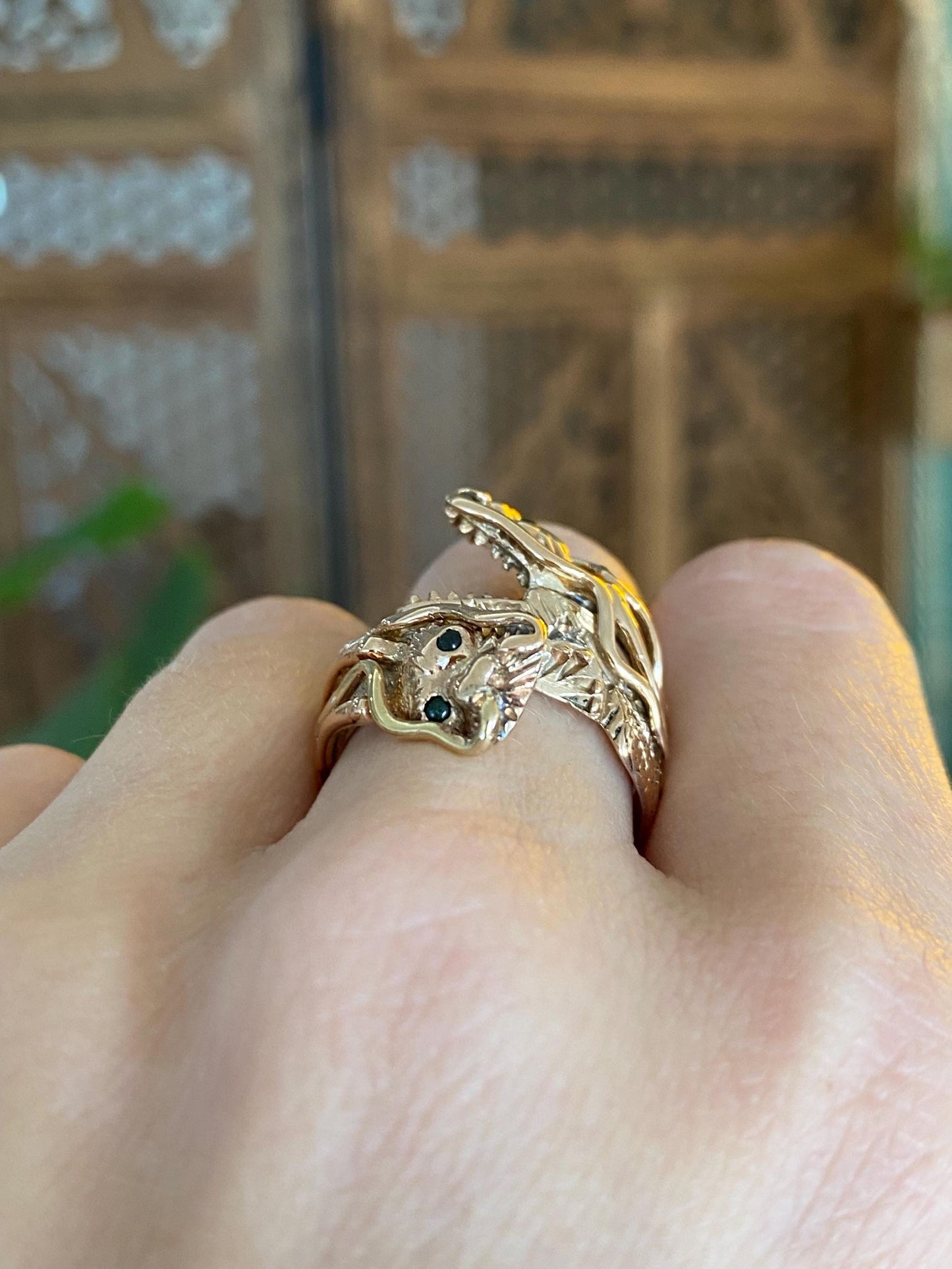 Solid 14k Rosey Gold Diamond Jade Eyes Dragon Ring - Size 7.5
