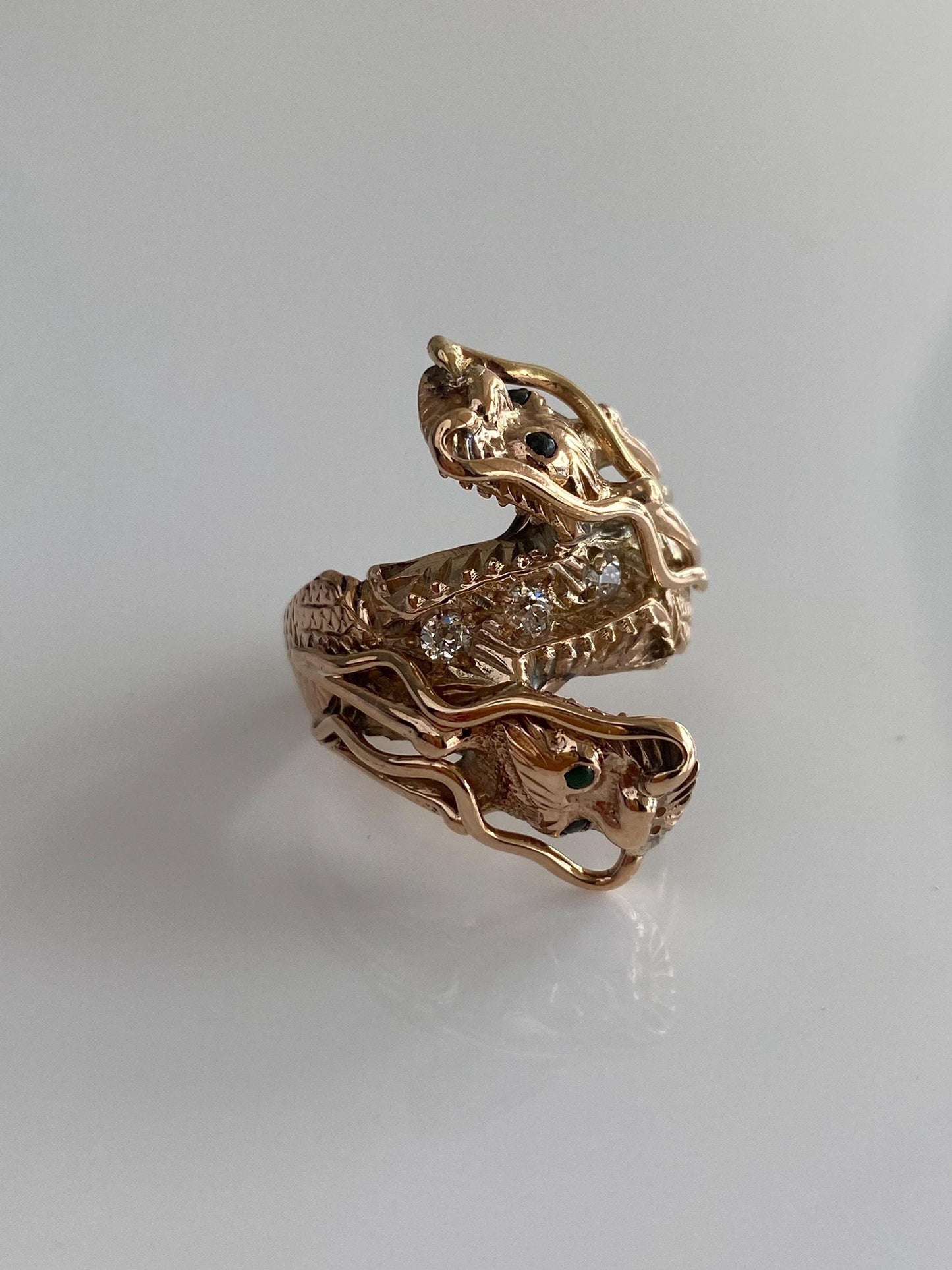 Solid 14k Rosey Gold Diamond Jade Eyes Dragon Ring - Size 7.5