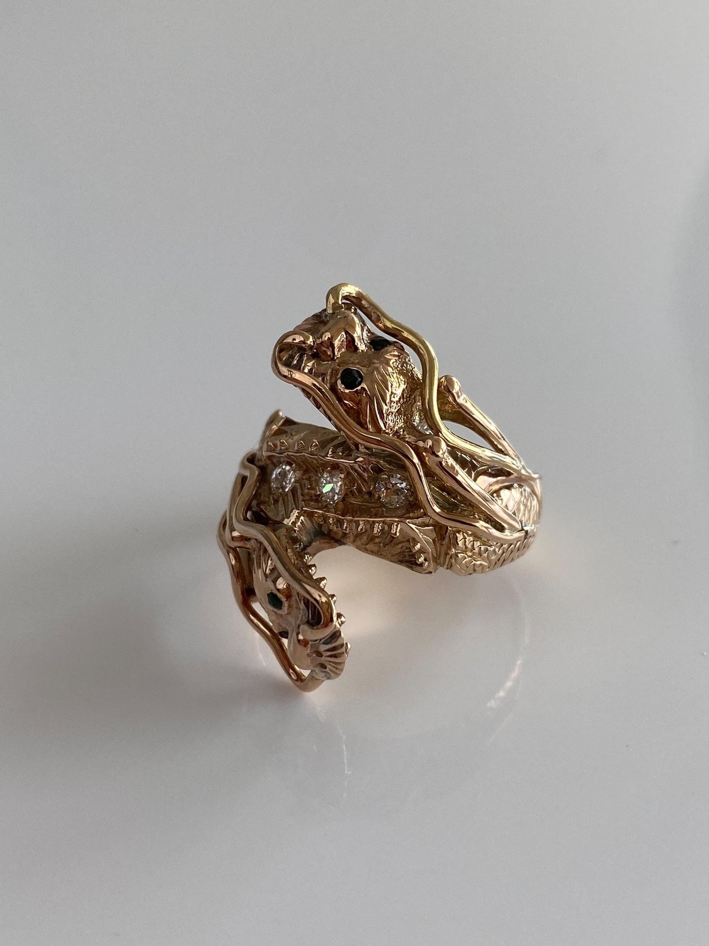 Solid 14k Rosey Gold Diamond Jade Eyes Dragon Ring - Size 7.5