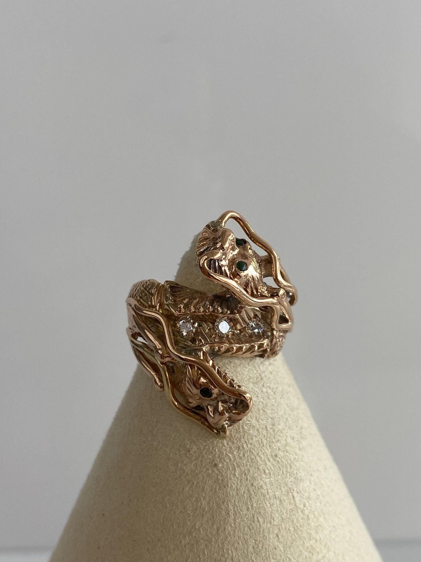 Solid 14k Rosey Gold Diamond Jade Eyes Dragon Ring - Size 7.5
