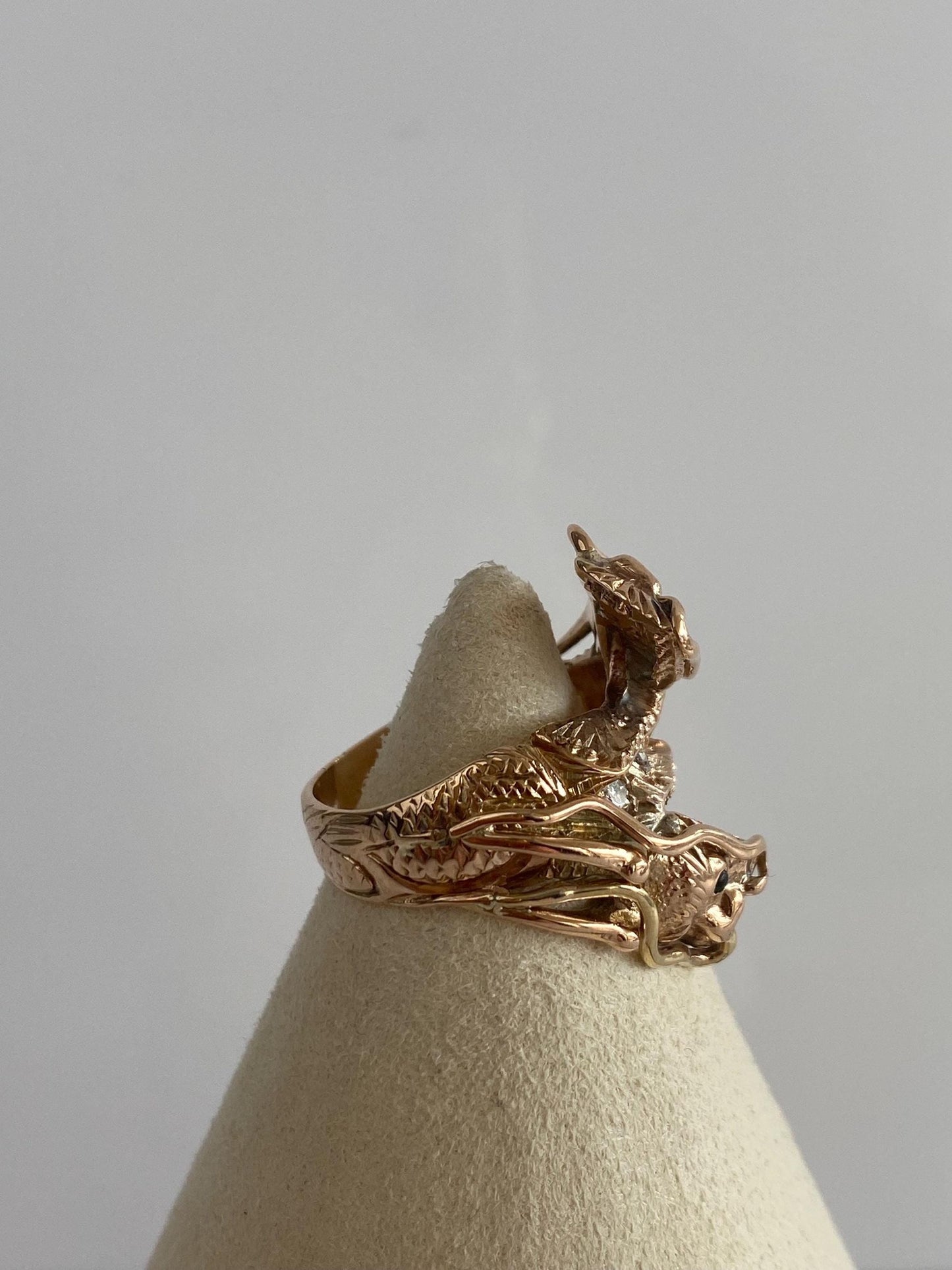 Solid 14k Rosey Gold Diamond Jade Eyes Dragon Ring - Size 7.5