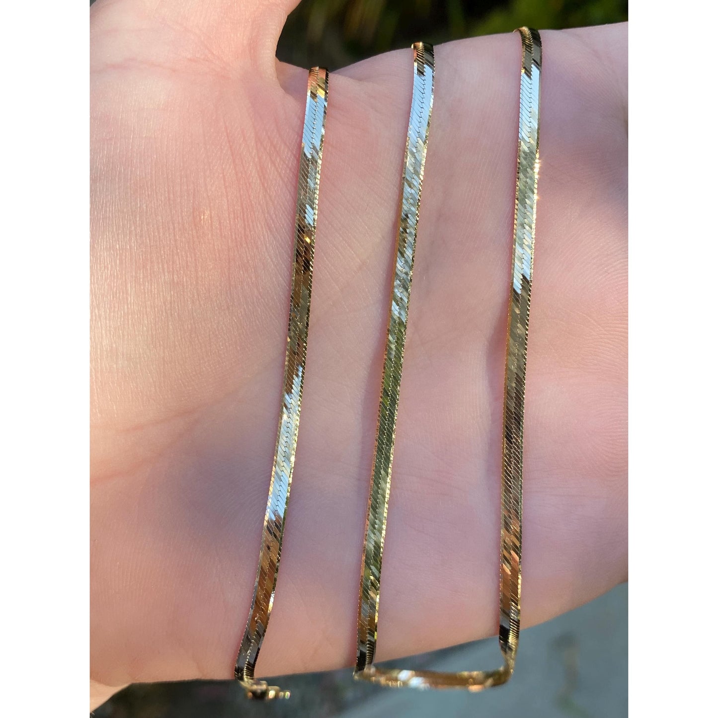 Vintage Solid 14k Yellow Gold Slim Herringbone Chain Necklace - 24 inches