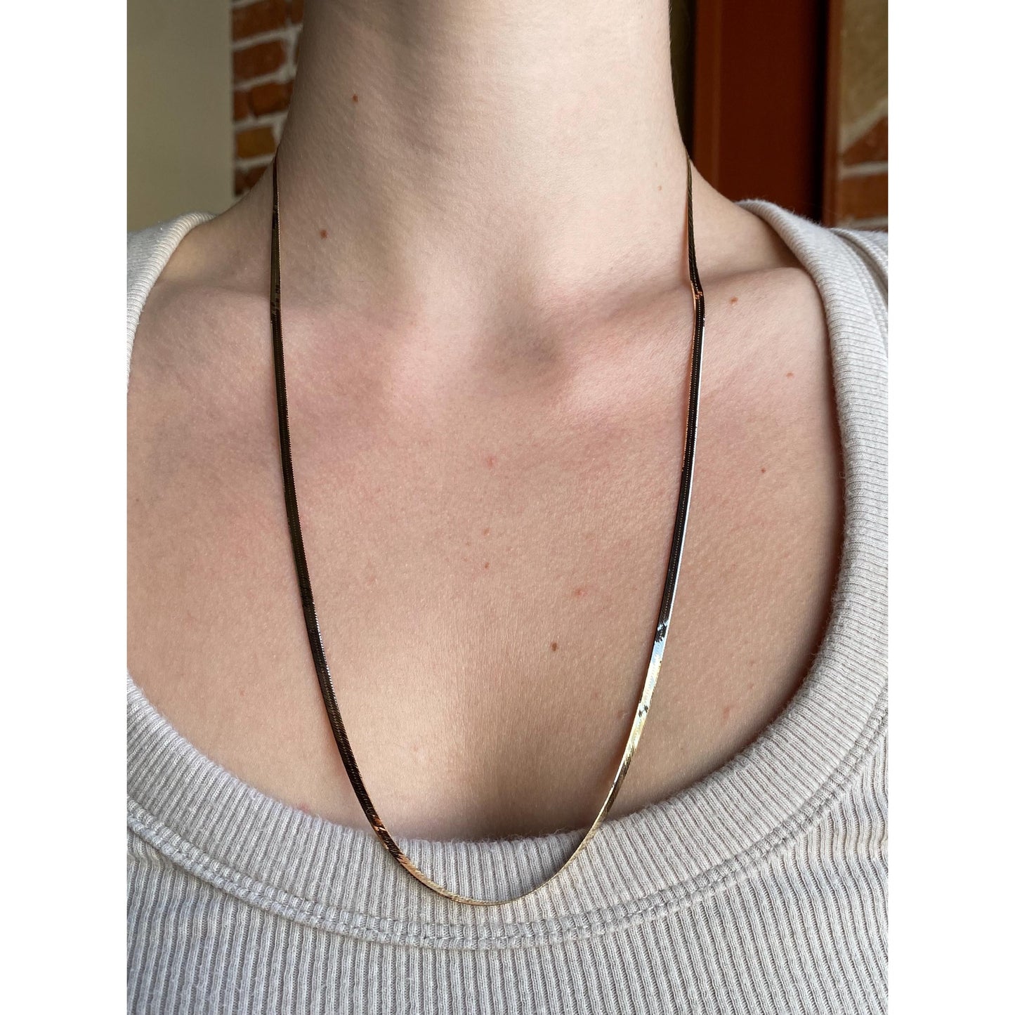 Vintage Solid 14k Yellow Gold Slim Herringbone Chain Necklace - 24 inches