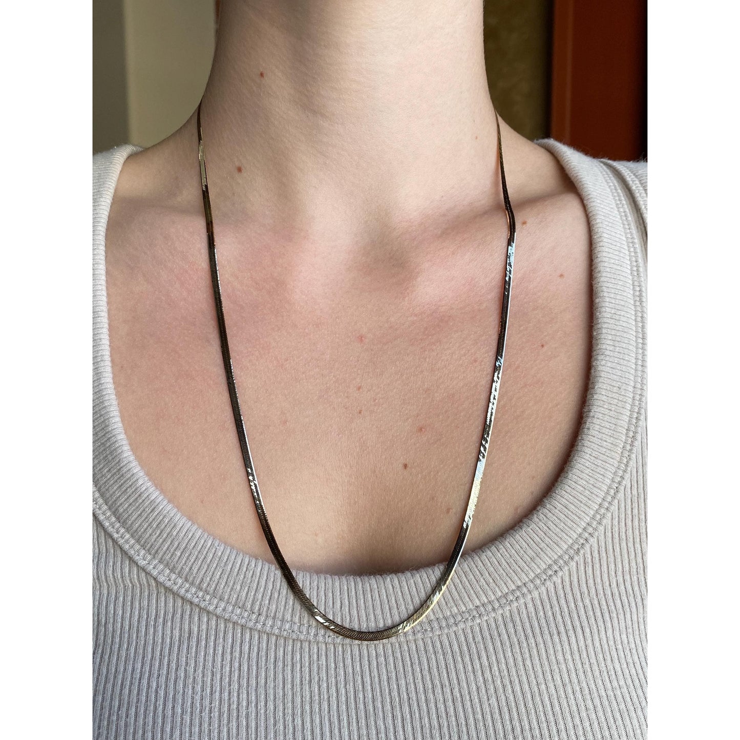 Vintage Solid 14k Yellow Gold Slim Herringbone Chain Necklace - 24 inches