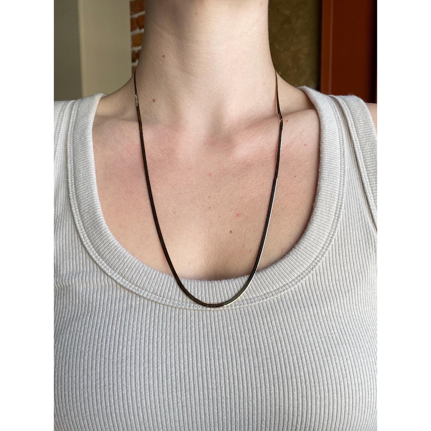 Vintage Solid 14k Yellow Gold Slim Herringbone Chain Necklace - 24 inches