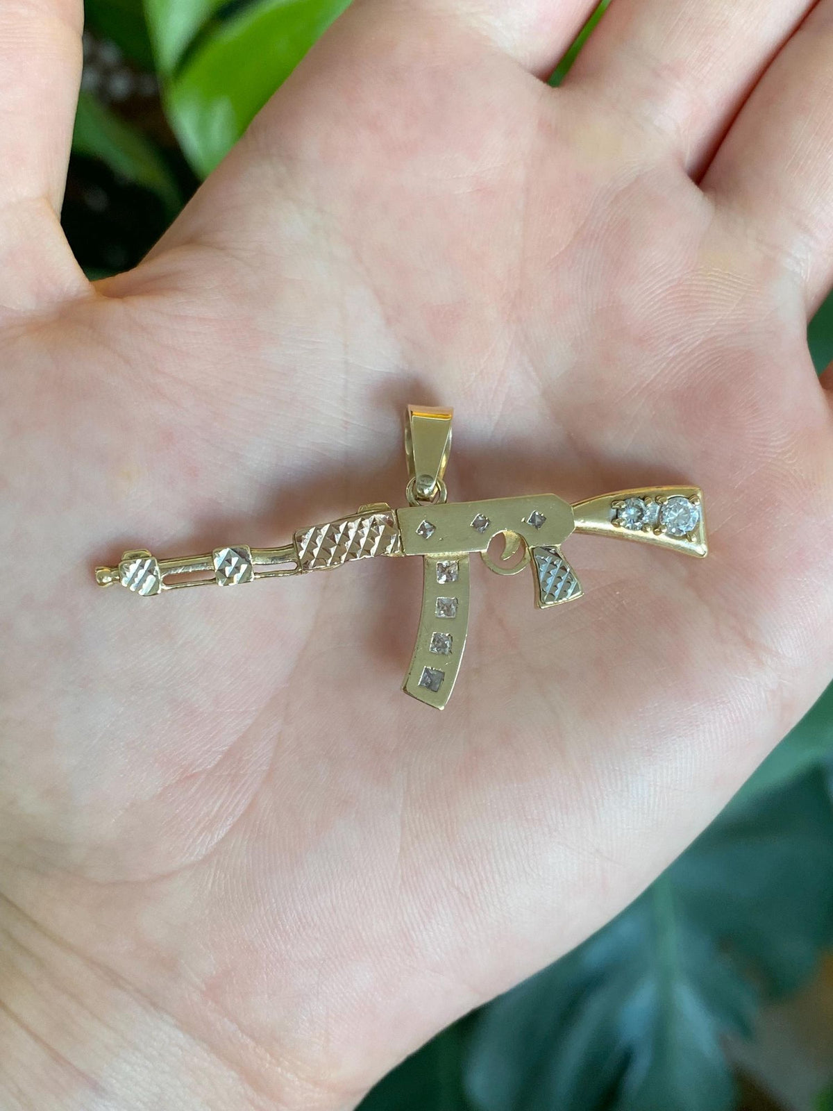 Vintage Solid 14k Tri Tone Gold Clear Quartz Tommy Gun Charm