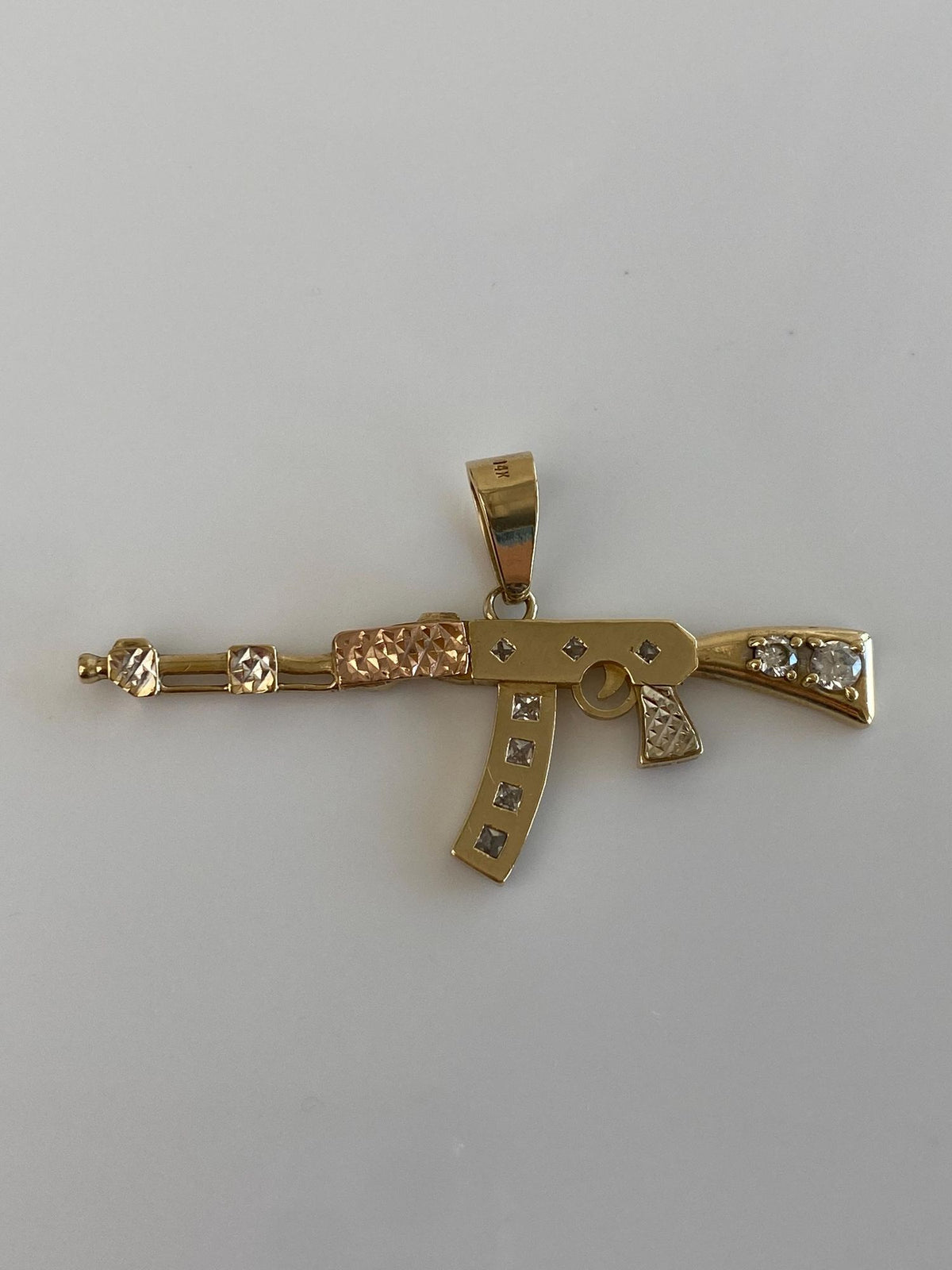 Vintage Solid 14k Tri Tone Gold Clear Quartz Tommy Gun Charm