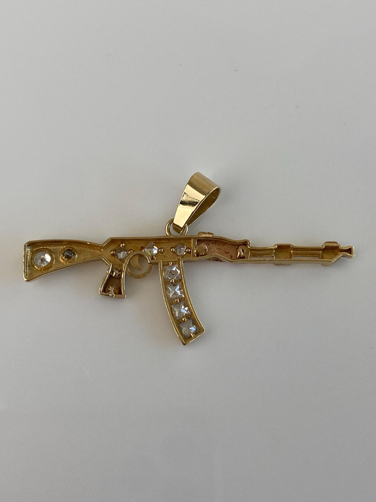 Vintage Solid 14k Tri Tone Gold Clear Quartz Tommy Gun Charm