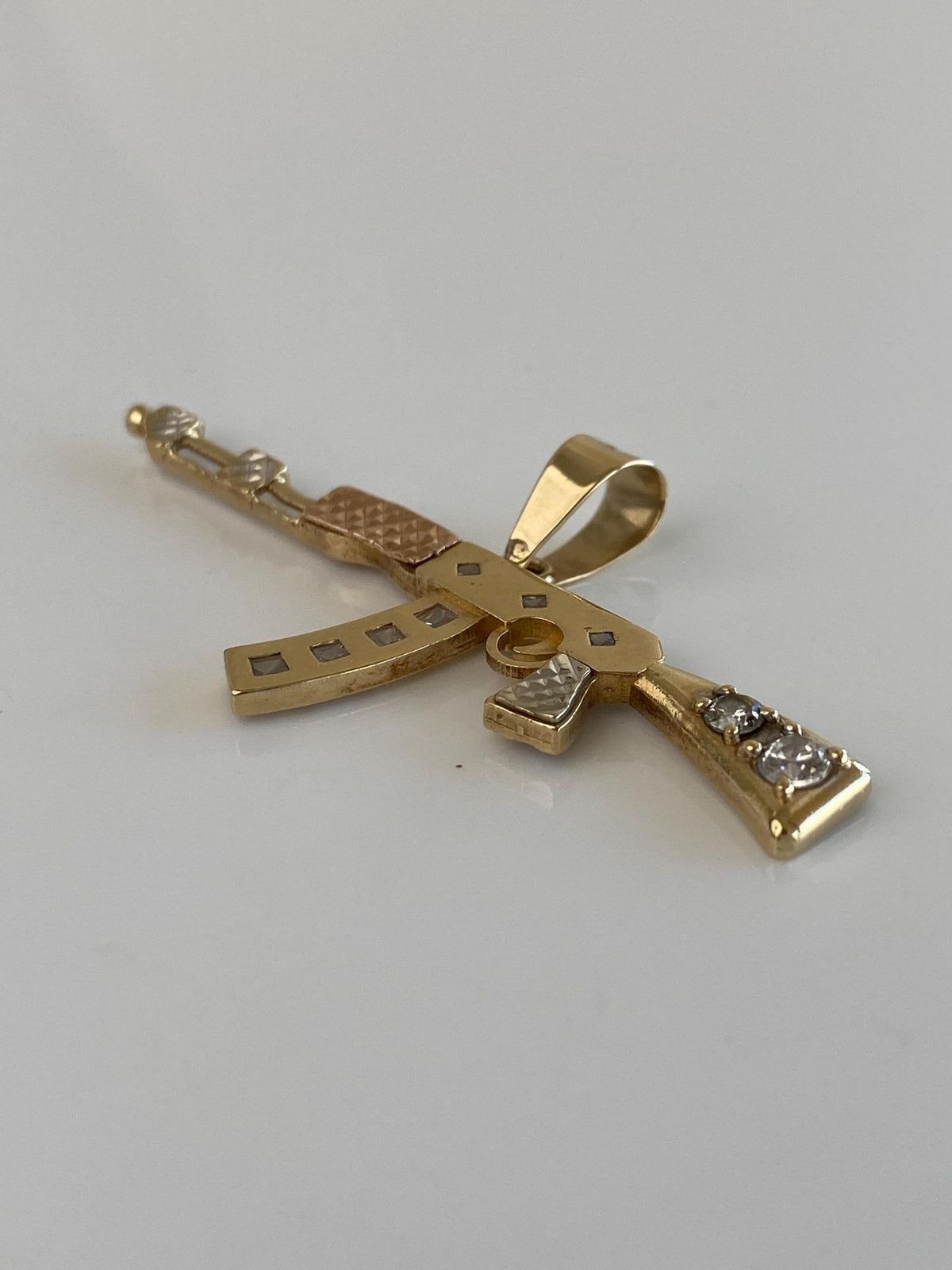 Vintage Solid 14k Tri Tone Gold Clear Quartz Tommy Gun Charm