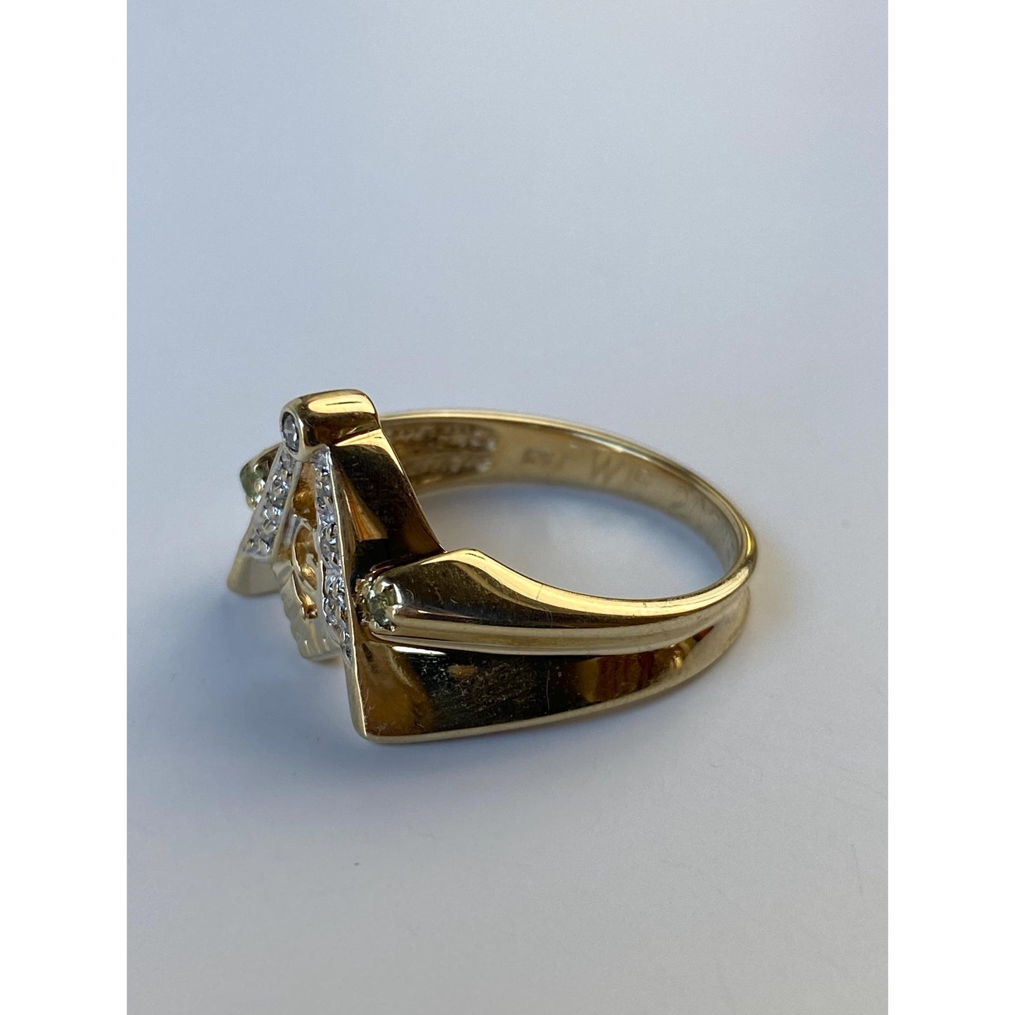 Vintage Solid 10k Yellow Gold Clear Sapphire Freemason Ring - Size 8.75