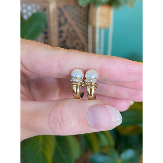 Vintage 14k Yellow Gold Diamond Pearl Talon Drop Earrings