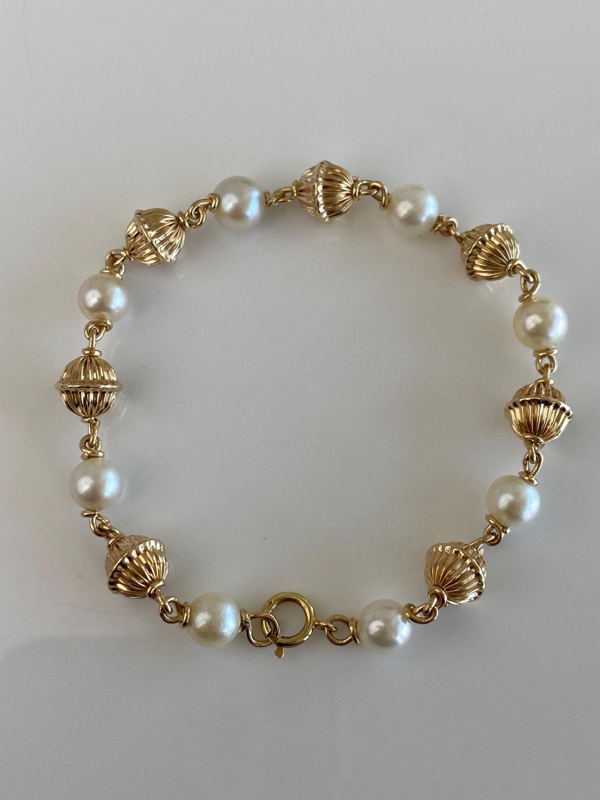 Vintage Solid 14k Yellow Gold Pearls Textured Gold Bead Link Bracelet - 7inches