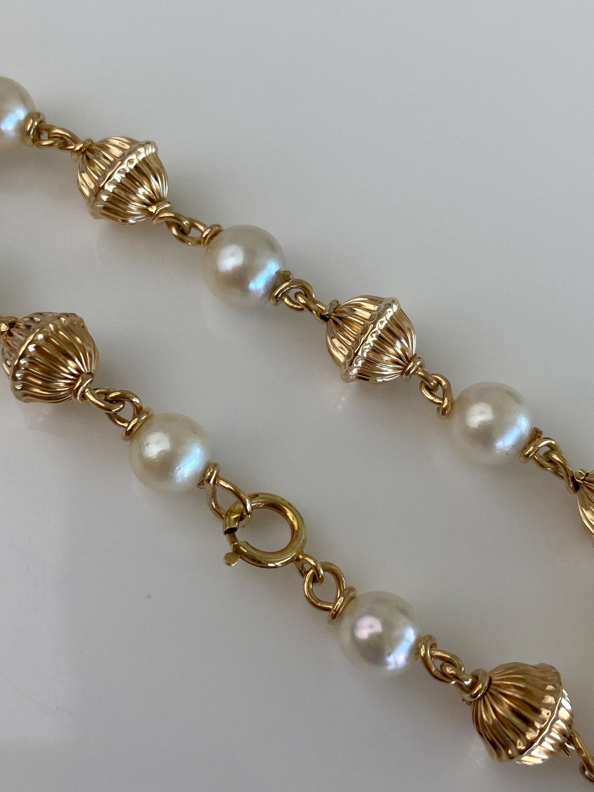 Vintage Solid 14k Yellow Gold Pearls Textured Gold Bead Link Bracelet - 7inches
