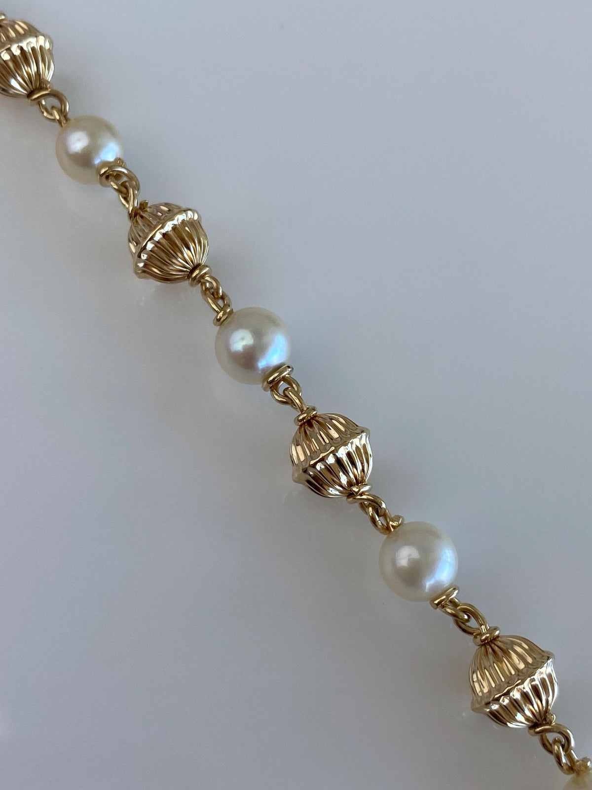 Vintage Solid 14k Yellow Gold Pearls Textured Gold Bead Link Bracelet - 7inches