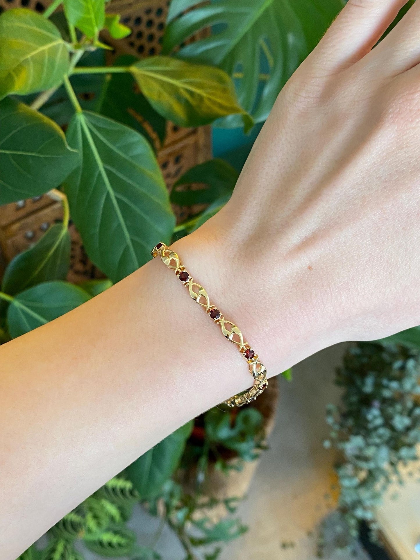 Vintage Solid 14k Yellow Gold Red Garnet Link Bracelet - 6.75 inches