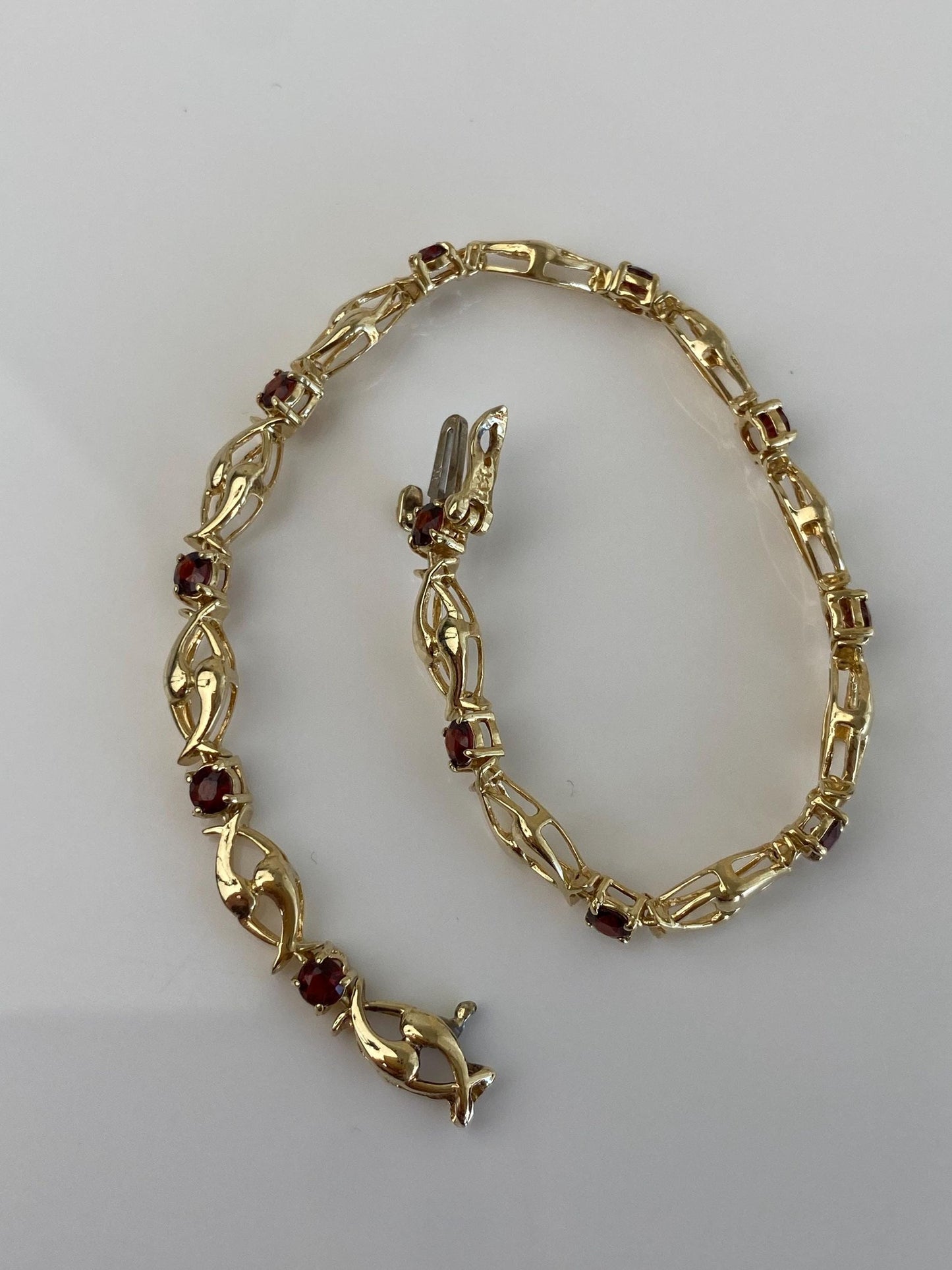 Vintage Solid 14k Yellow Gold Red Garnet Link Bracelet - 6.75 inches