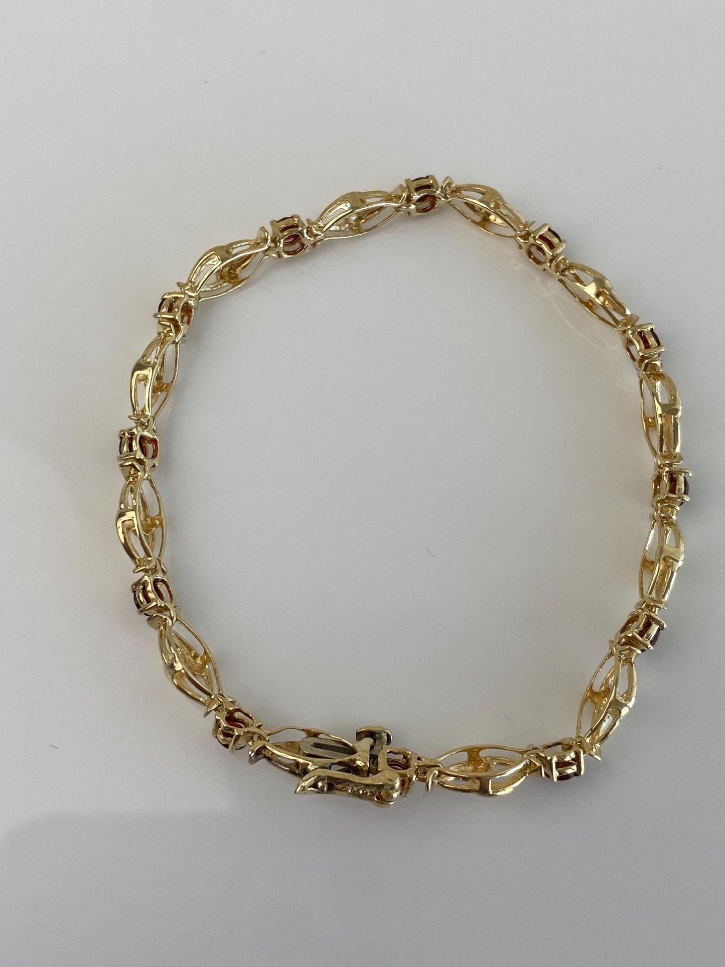 Vintage Solid 14k Yellow Gold Red Garnet Link Bracelet - 6.75 inches