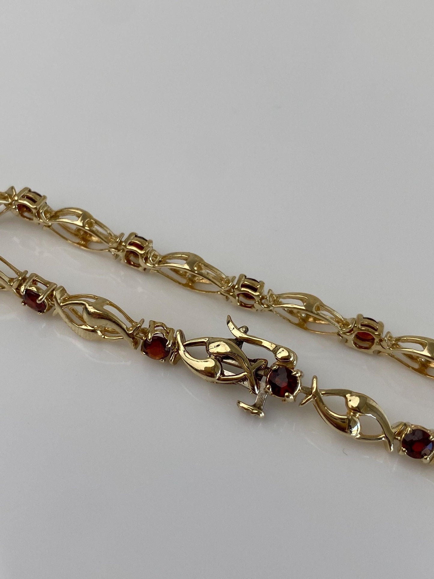 Vintage Solid 14k Yellow Gold Red Garnet Link Bracelet - 6.75 inches