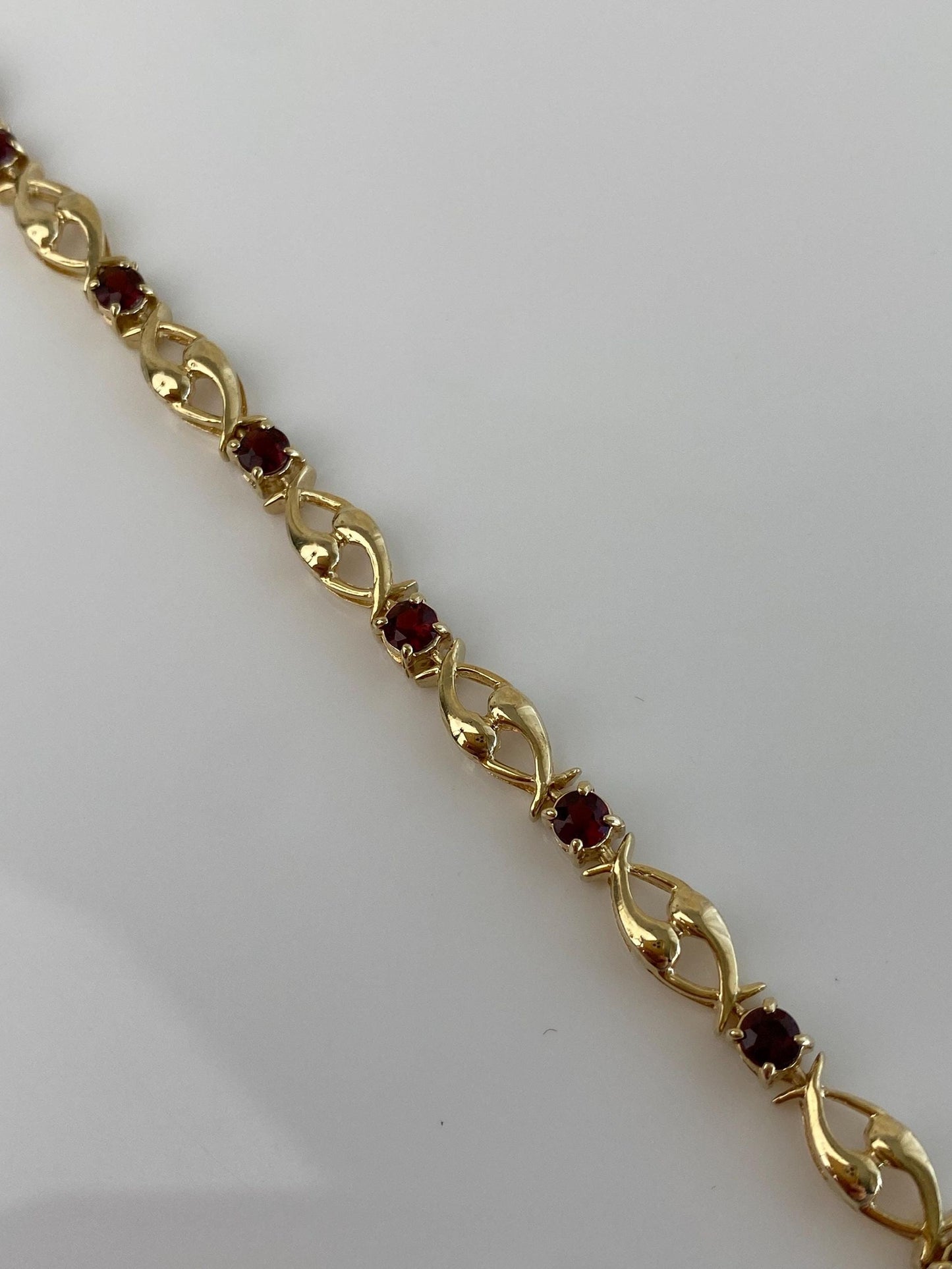 Vintage Solid 14k Yellow Gold Red Garnet Link Bracelet - 6.75 inches