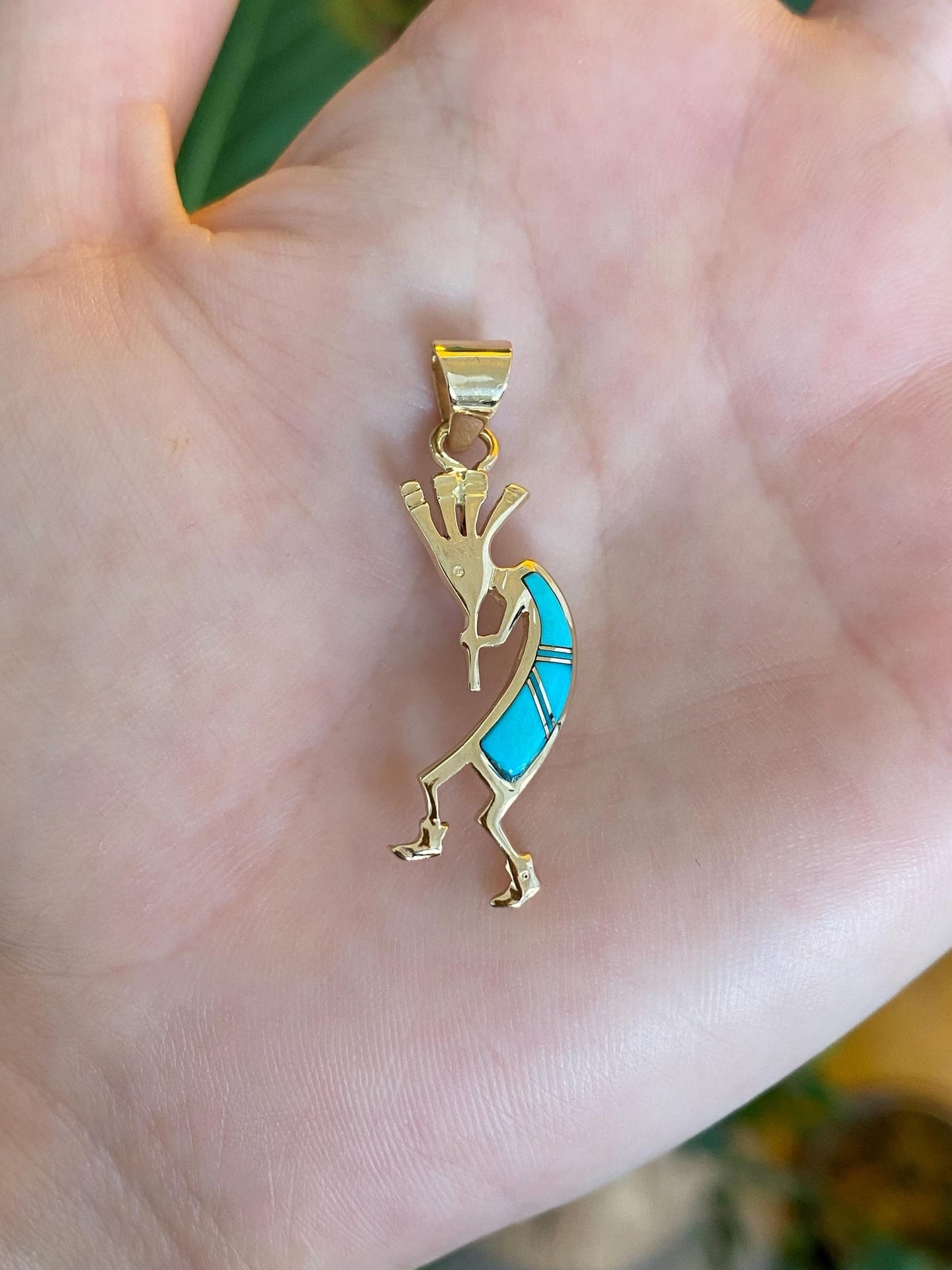 Solid 14k Yellow Gold Turquoise Inlay Kokopeli Charm
