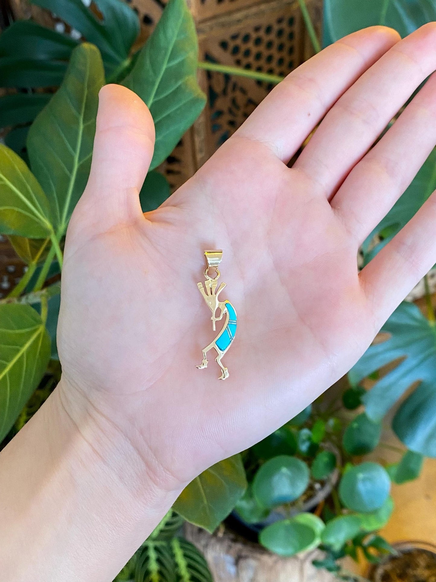 Solid 14k Yellow Gold Turquoise Inlay Kokopeli Charm