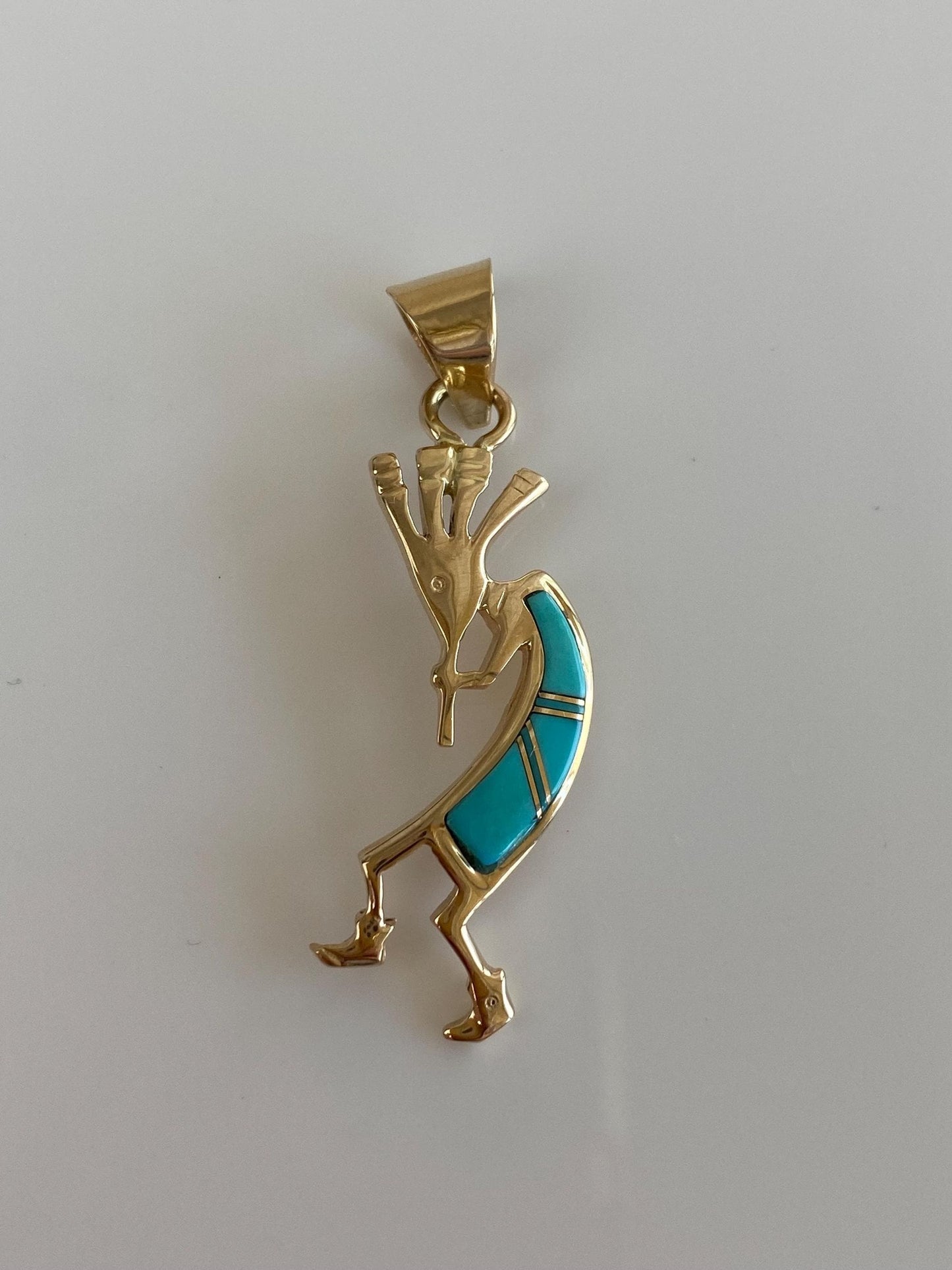 Solid 14k Yellow Gold Turquoise Inlay Kokopeli Charm