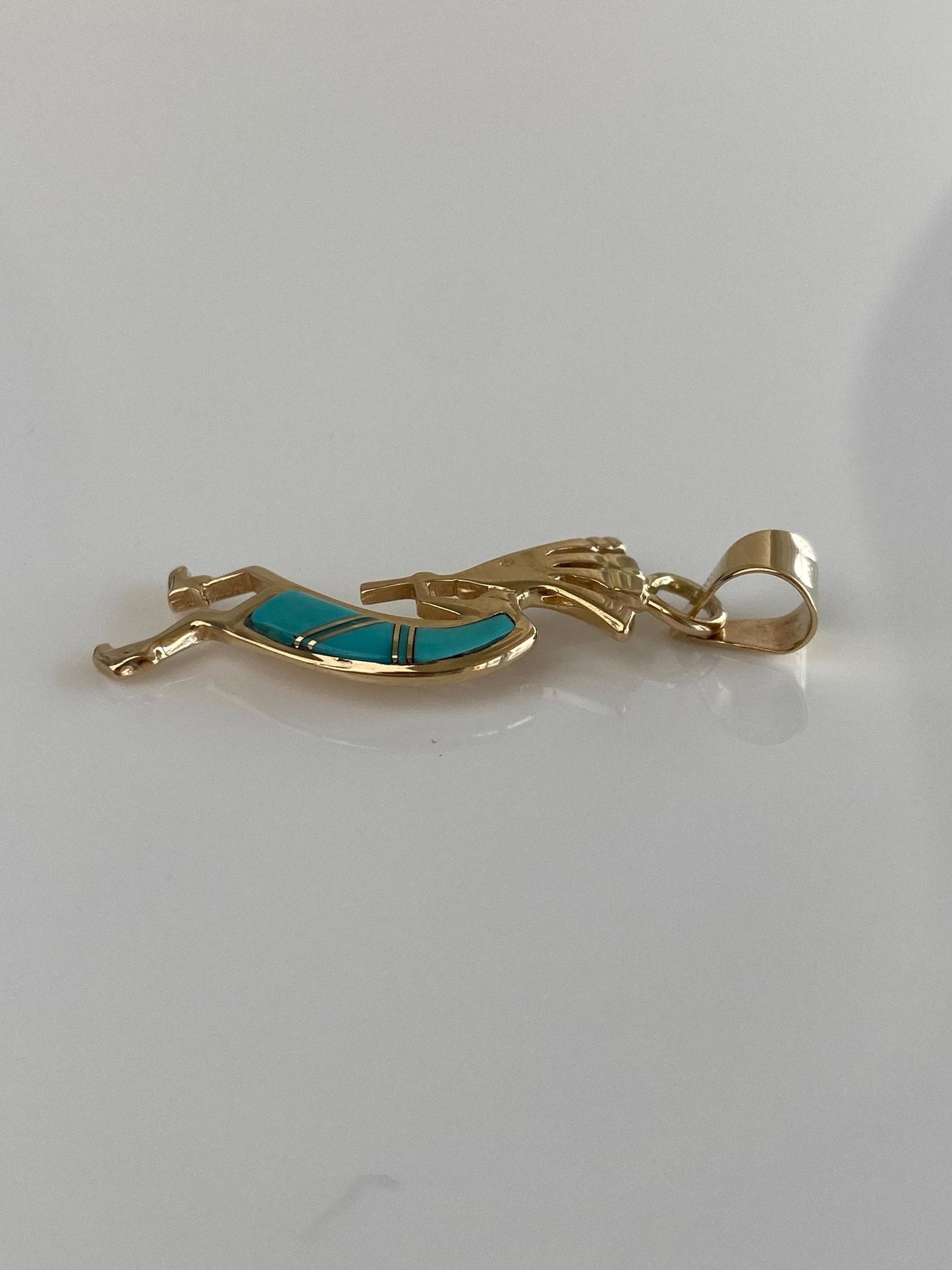 Solid 14k Yellow Gold Turquoise Inlay Kokopeli Charm