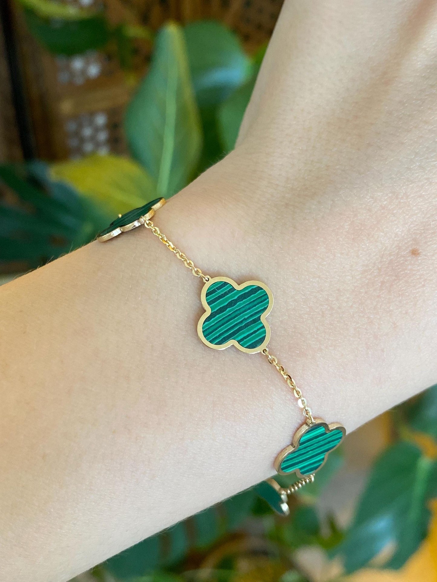 Vintage Solid 14k Yellow Gold Malachite Quatrefoil Tight Cable Chain Bracelet - 7 inches