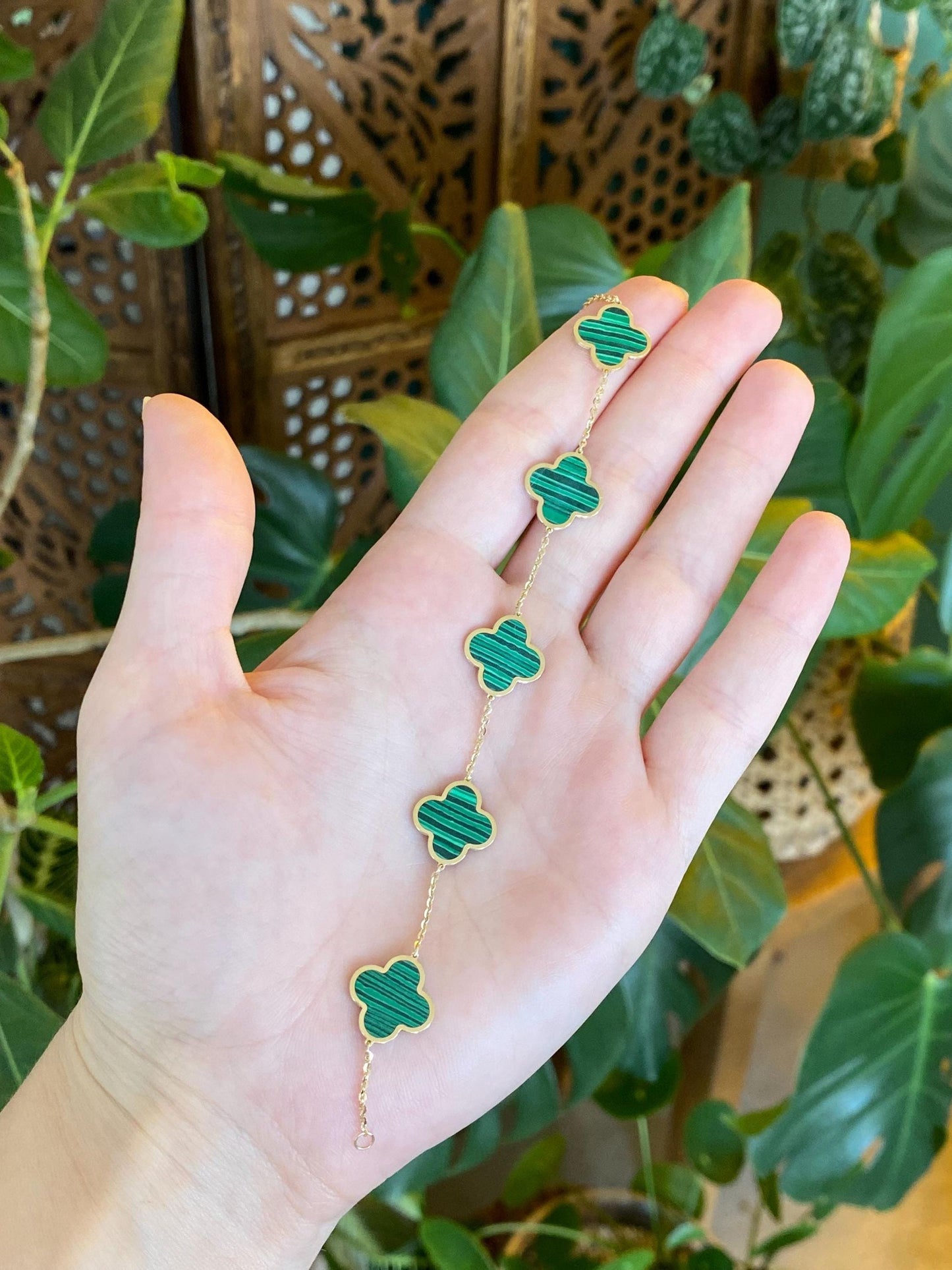 Vintage Solid 14k Yellow Gold Malachite Quatrefoil Tight Cable Chain Bracelet - 7 inches