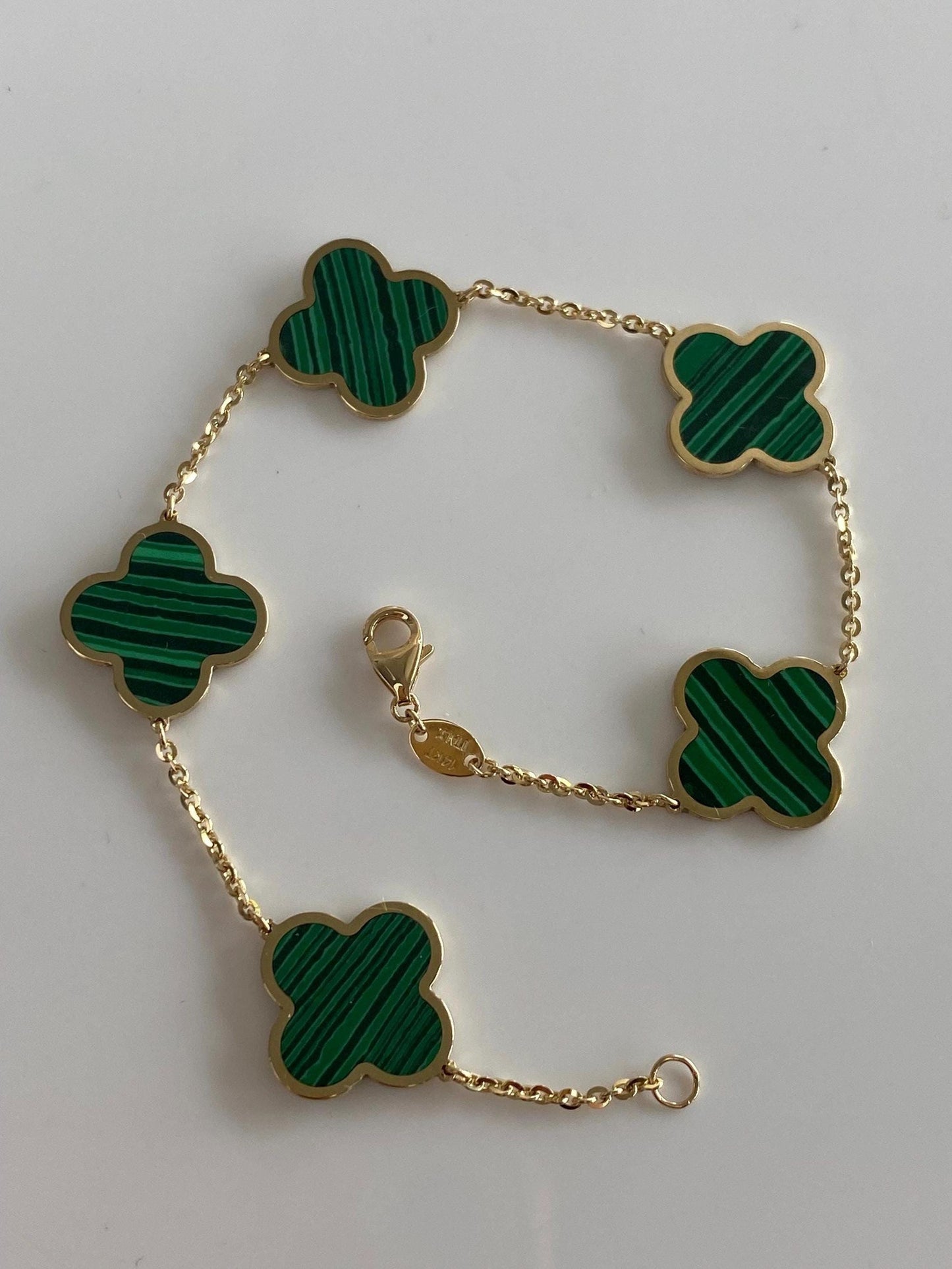Vintage Solid 14k Yellow Gold Malachite Quatrefoil Tight Cable Chain Bracelet - 7 inches