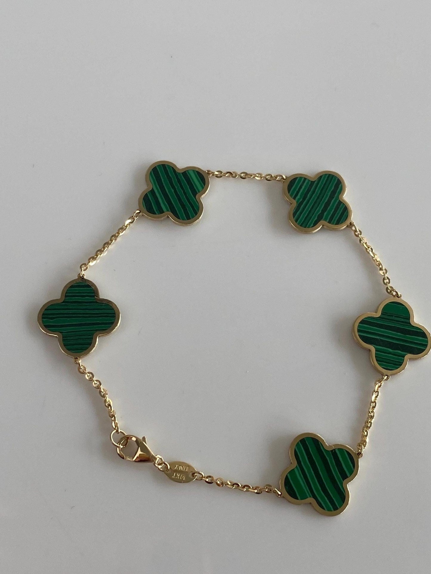 Vintage Solid 14k Yellow Gold Malachite Quatrefoil Tight Cable Chain Bracelet - 7 inches