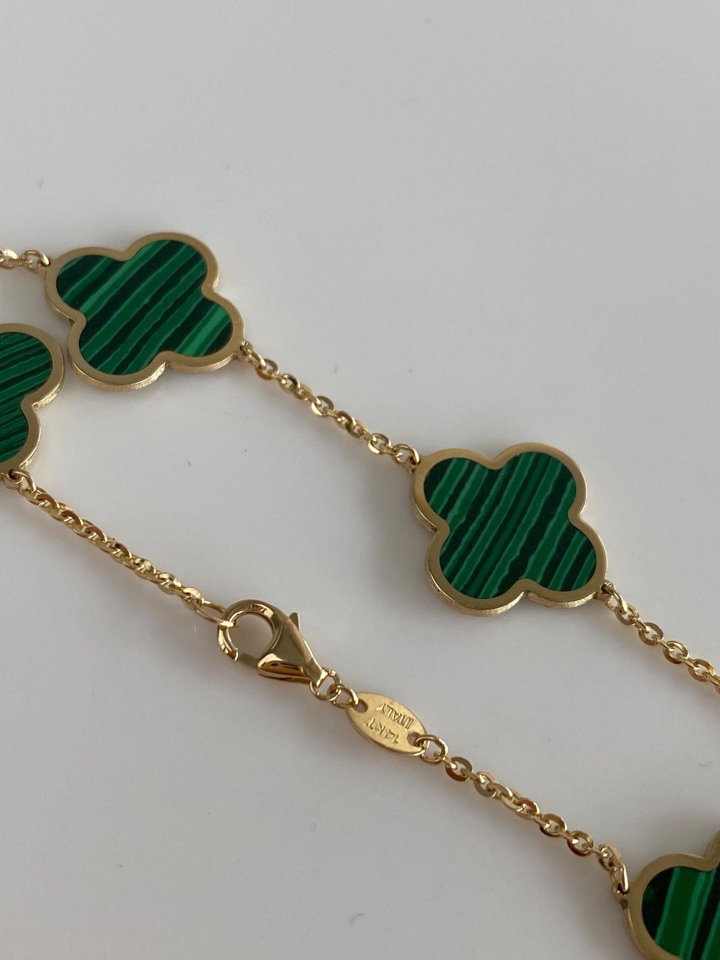 Vintage Solid 14k Yellow Gold Malachite Quatrefoil Tight Cable Chain Bracelet - 7 inches