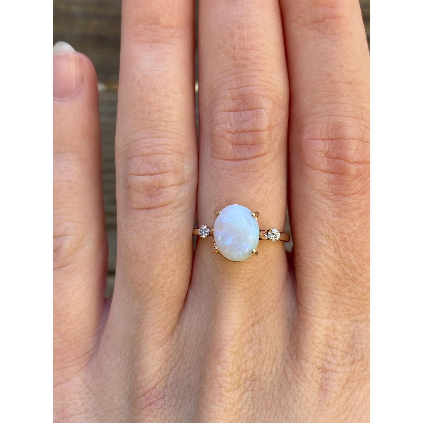 Vintage Solid 14k Yellow Gold Diamond Opal Ring - Size 5.75